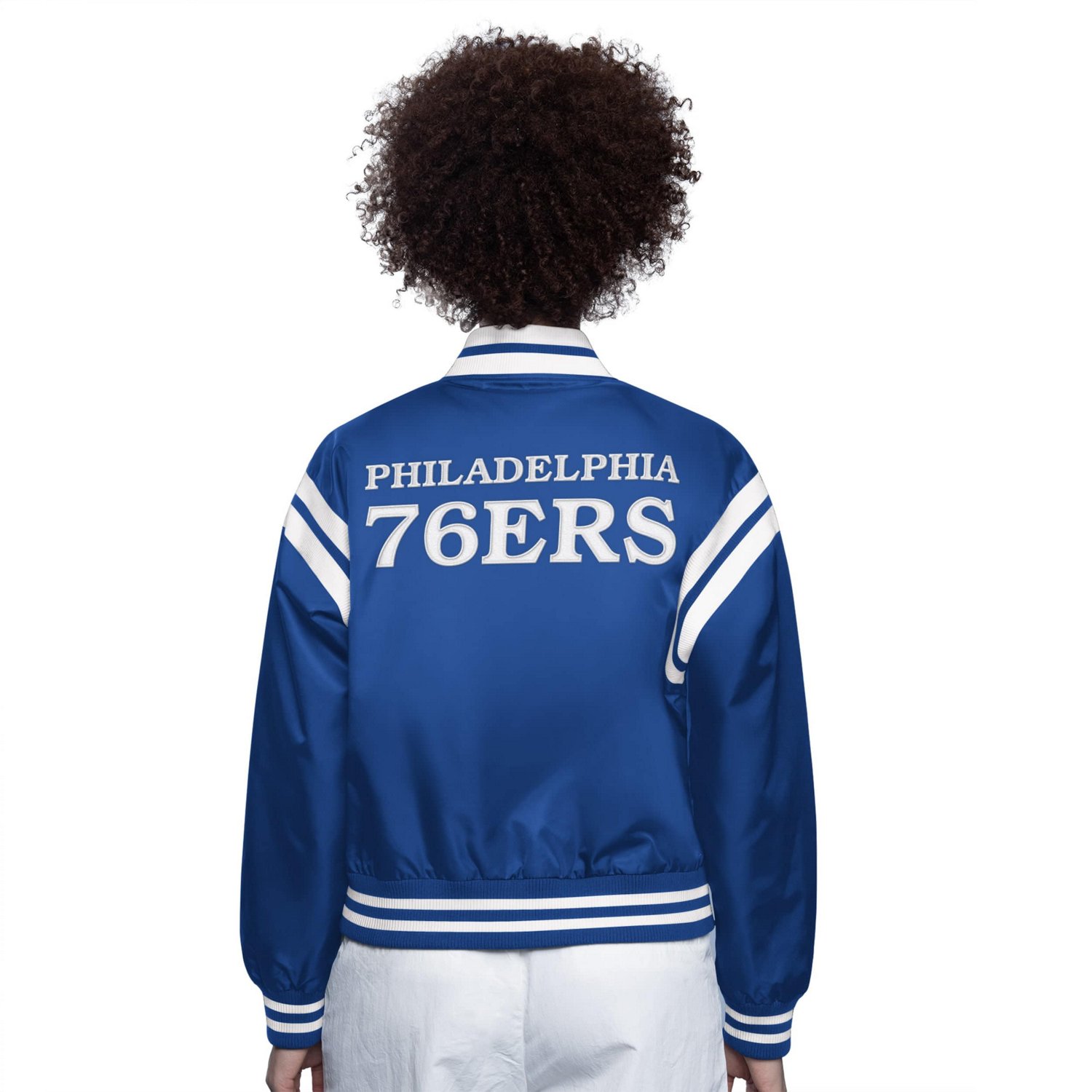 Starter White Philadelphia 76ers Full Count Satin Full-Snap Varsity Jacket
