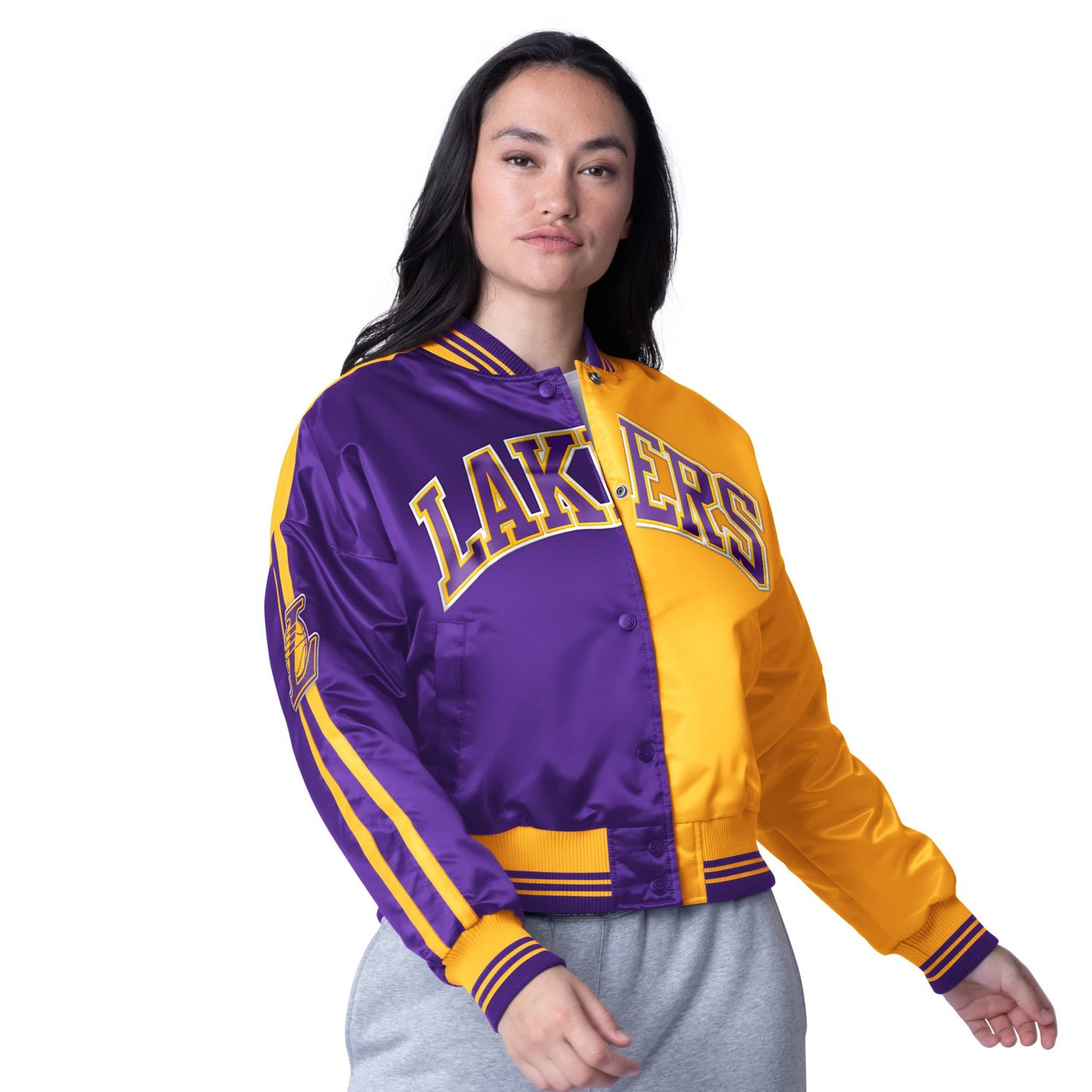 Starter Women's Los Angeles Lakers Zone Blitz Cropped Full Snap Satin Jacket