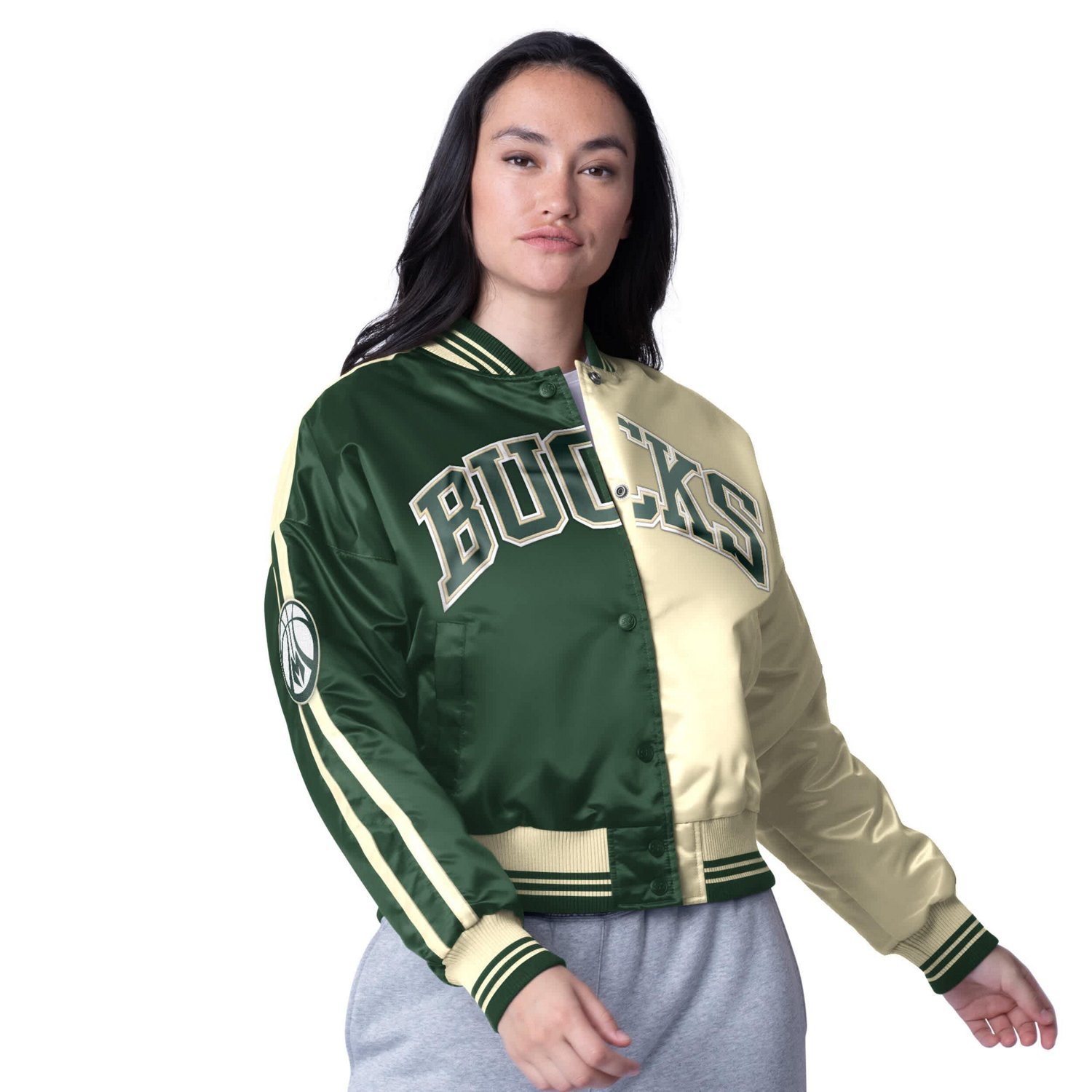 Starter Women's Milwaukee Bucks Zone Blitz Cropped Full Snap Satin Jacket