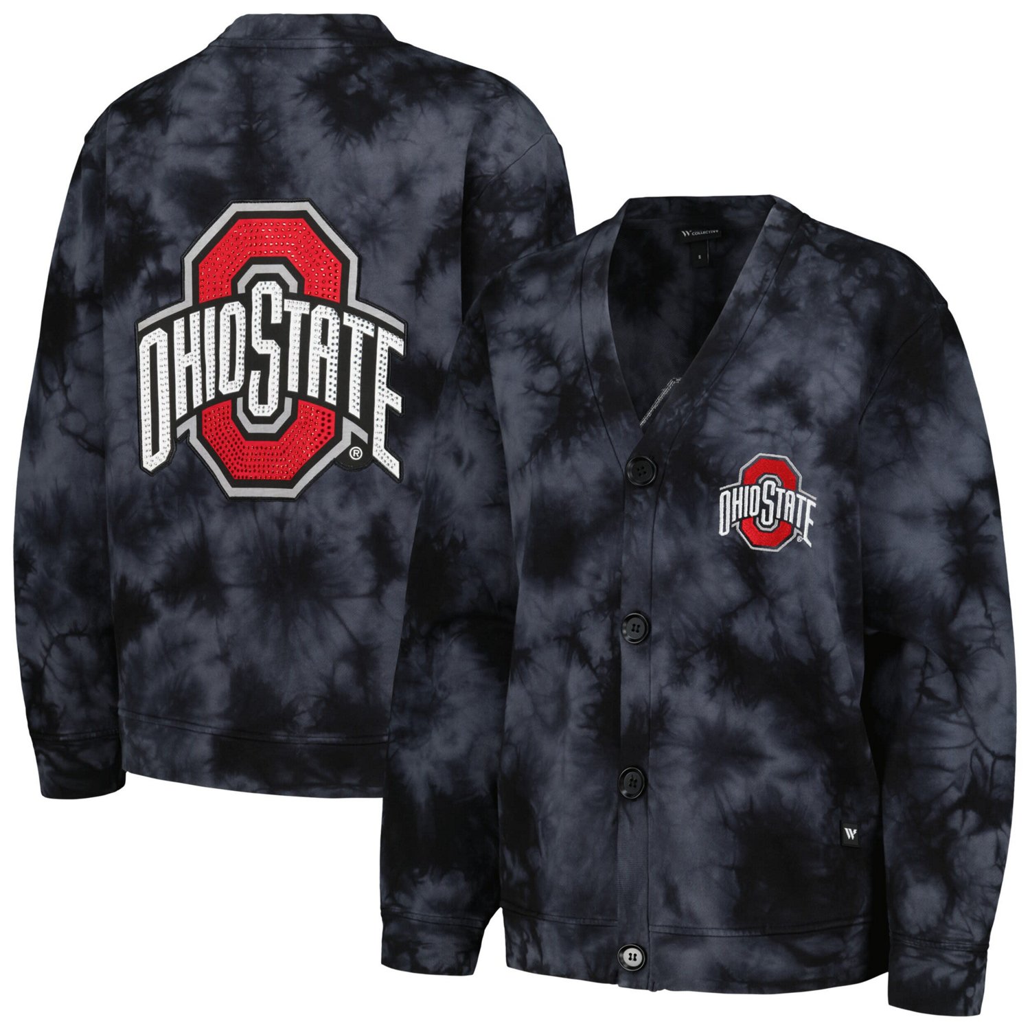 The Wild Collective Ohio State Buckeyes Jeweled Tie-Dye Button-Up V-Neck Sweater