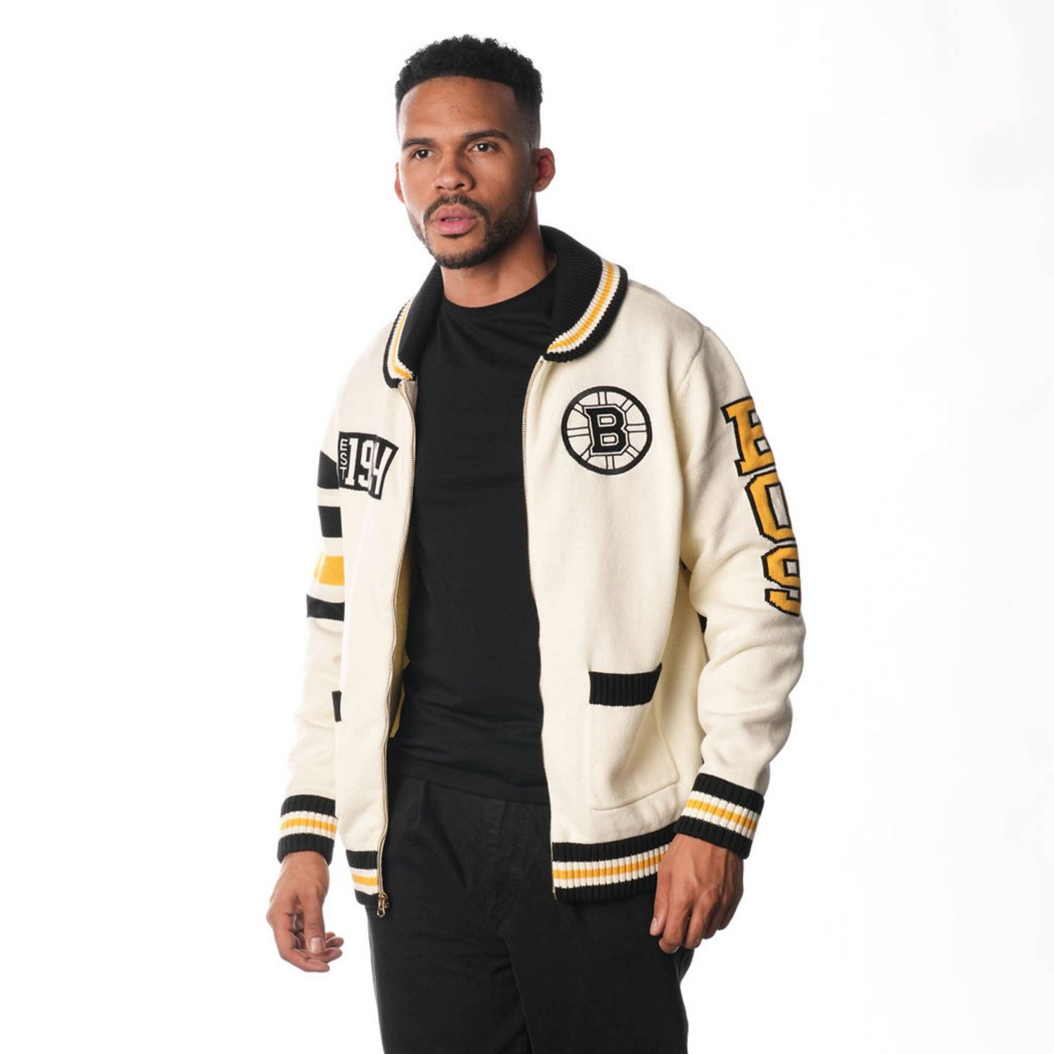 Unisex The Wild Collective Boston Bruins Jacquard Full-Zip Sweater