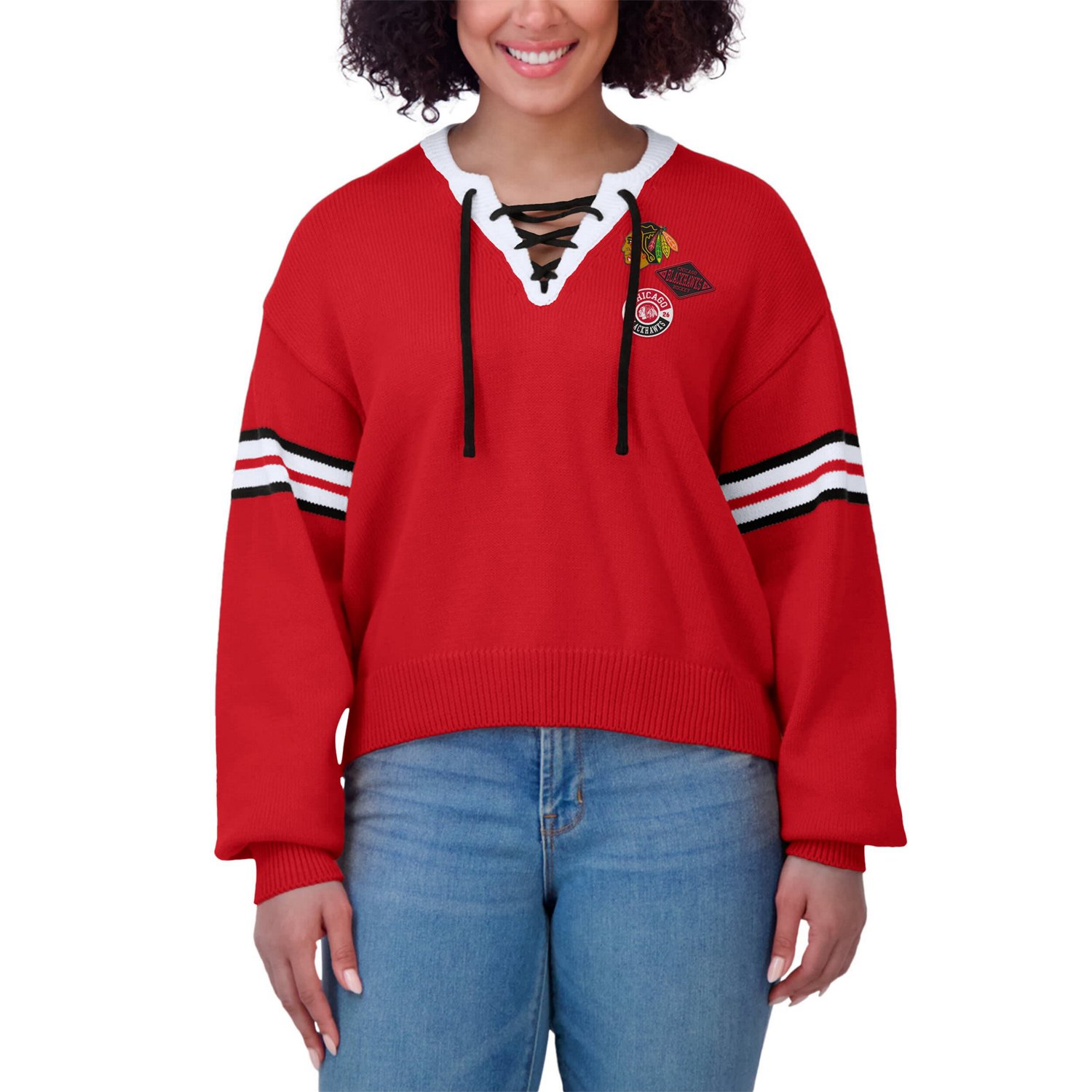 WEAR by Erin Andrews Chicago Blackhawks Cropped Lace-Up Sweater - view number 4