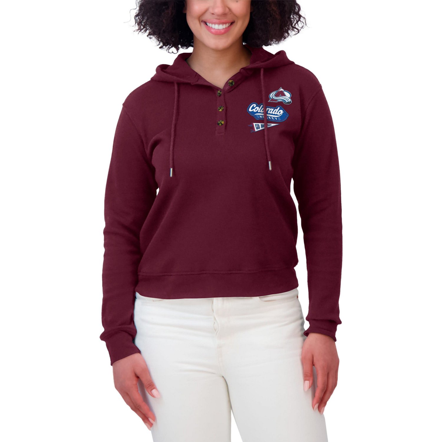 WEAR by Erin Andrews Colorado Avalanche Waffle-Knit Pullover Hoodie                                                              - view number 4