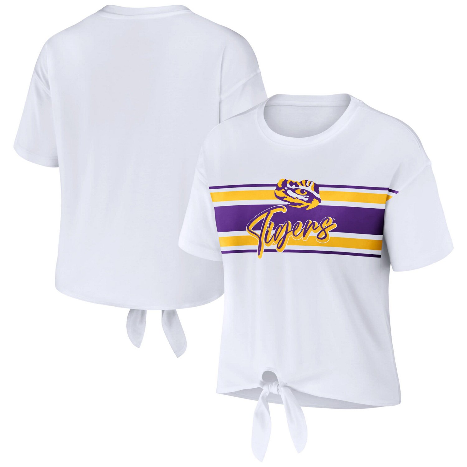 WEAR by Erin Andrews LSU Tigers Striped Front Knot Cropped T-Shirt
