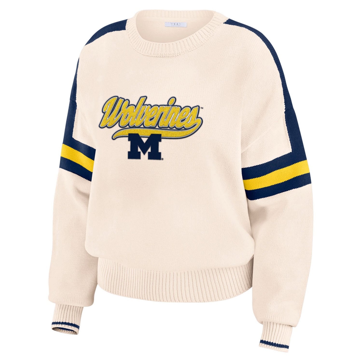 WEAR by Erin Andrews Michigan Wolverines Chenille Woven Patch Stripe Pullover Sweater