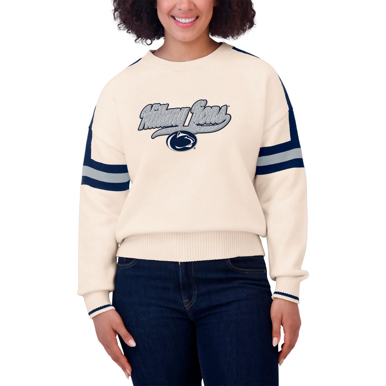 WEAR by Erin Andrews Penn State Nittany Lions Chenille Woven Patch Stripe Pullover Sweater