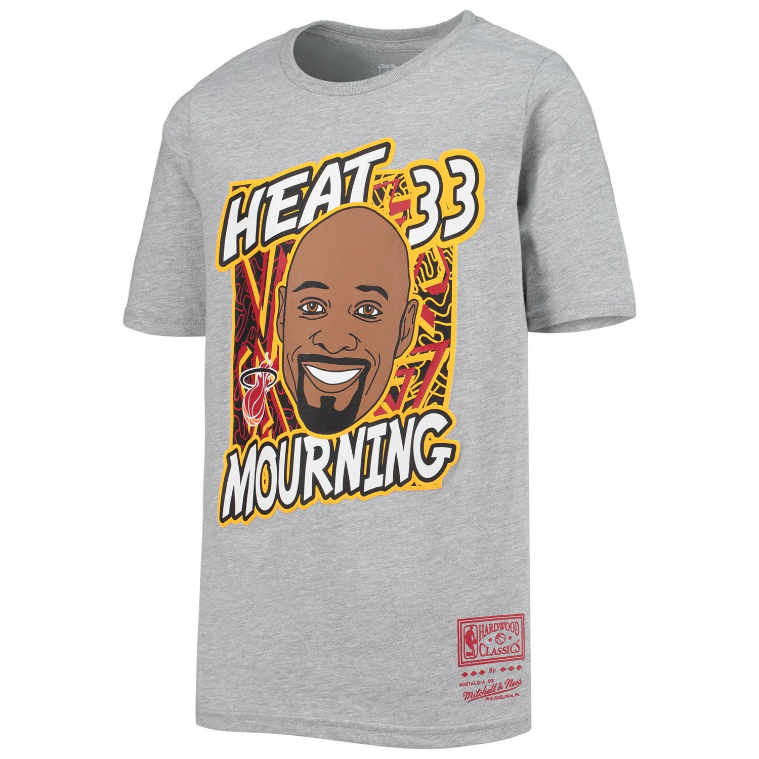 Youth Mitchell  Ness Alonzo Mourning Heathered Gray Miami Heat Hardwood Classics King of the Court Player T-Shirt - view number 2