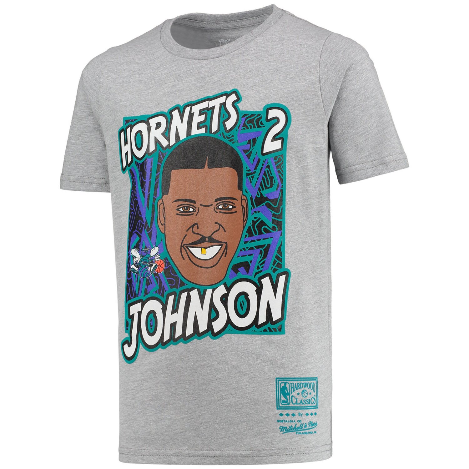 Youth Mitchell  Ness Larry Johnson Gray Charlotte Hornets Hardwood Classics King of the Court Player T-Shirt - view number 2