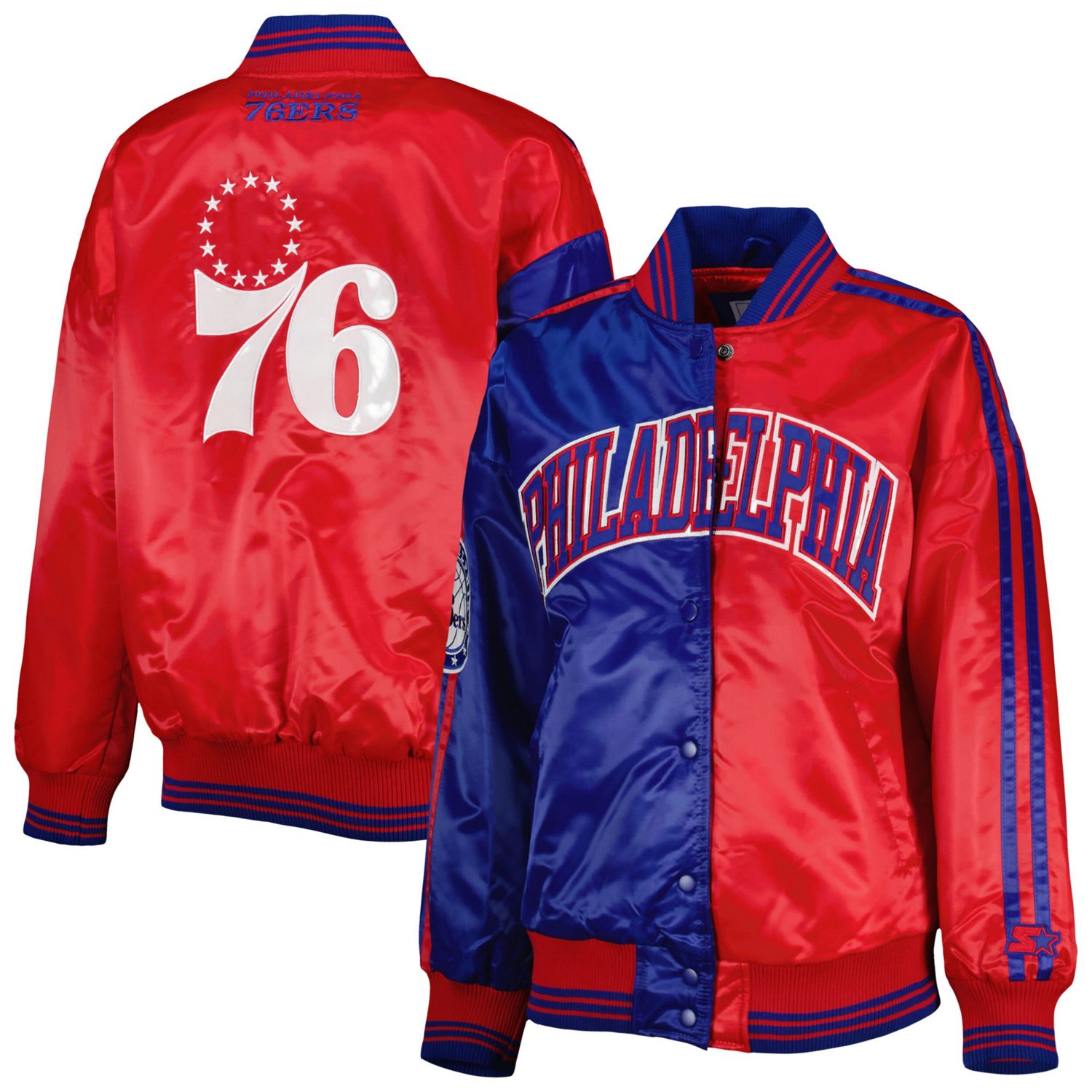 Starter /Red Philadelphia 76ers Split Colorblock Satin Full-Snap Varsity Jacket                                                  - view number 1