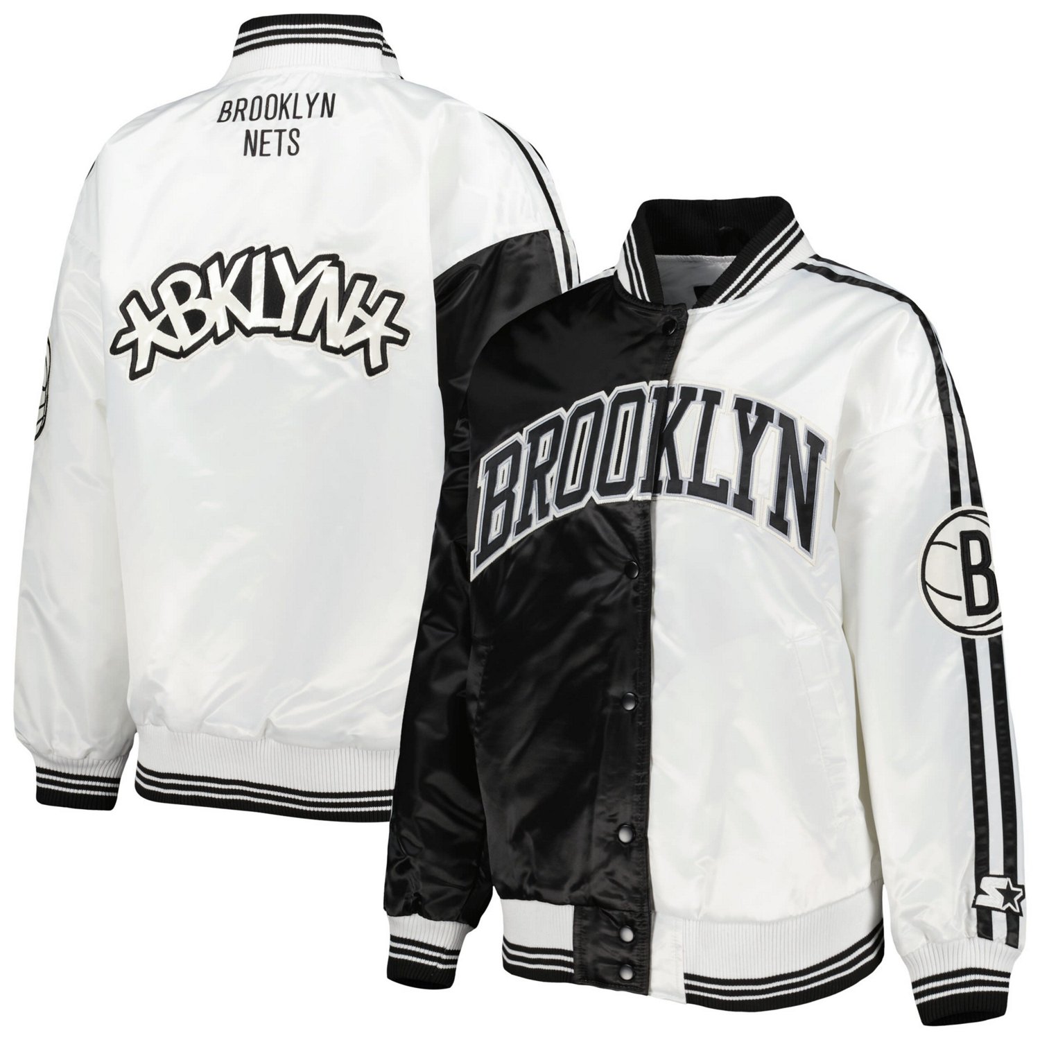 Starter /White Brooklyn Nets Split Colorblock Satin Full-Snap Varsity Jacket