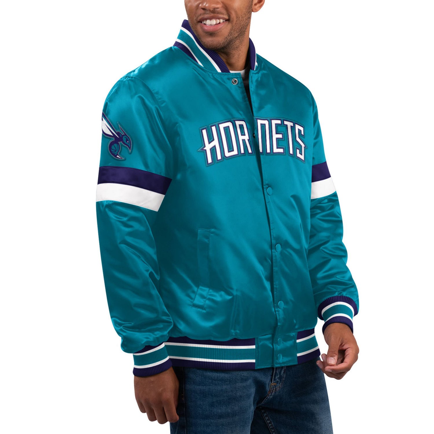 Starter Charlotte Hornets Home Game Satin Full Snap Varsity Jacket Academy