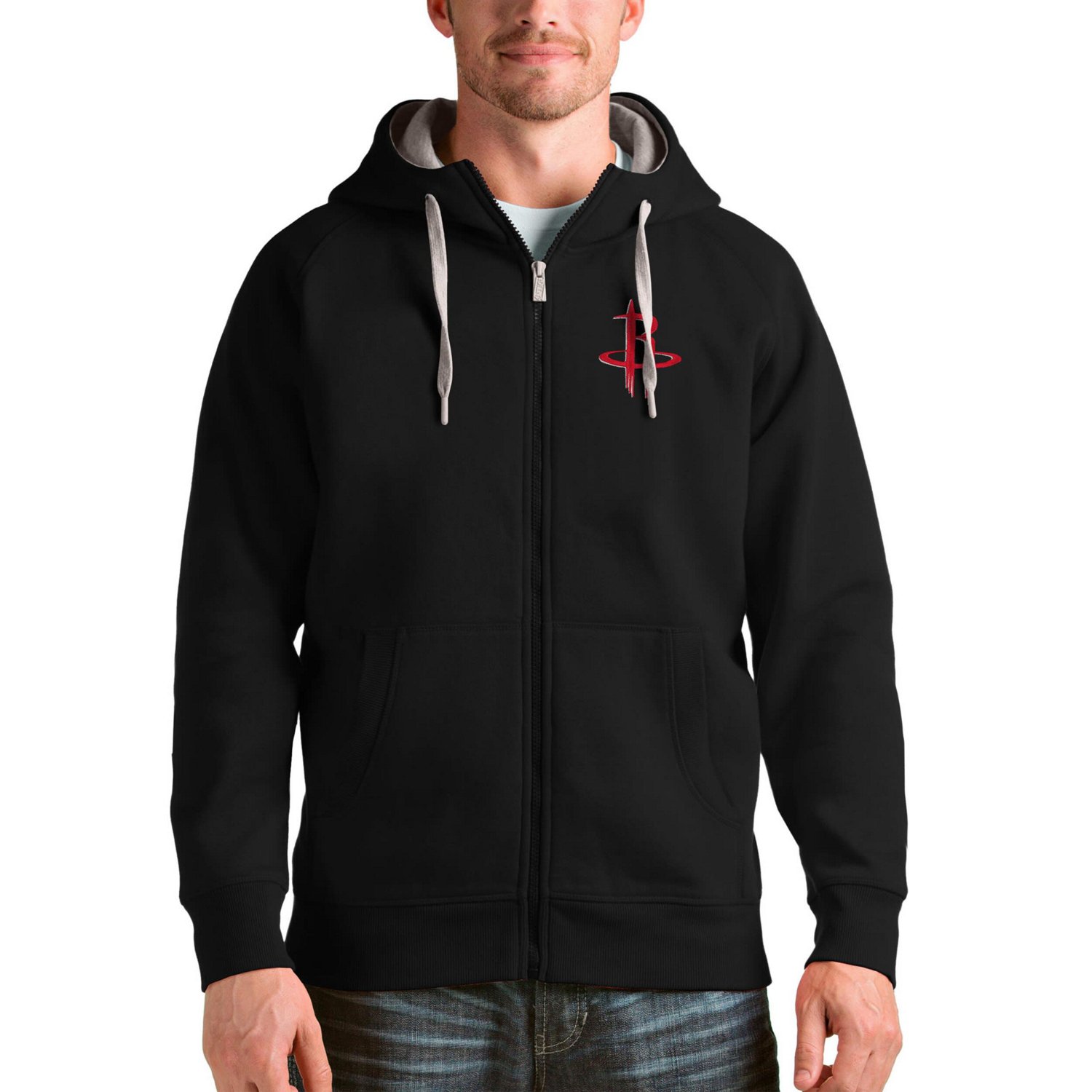 Antigua Heathered Gray Houston Rockets Logo Victory Full-Zip Hoodie