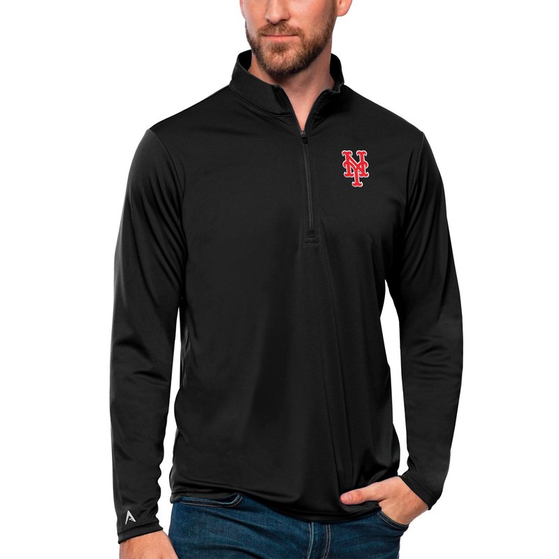 Antigua Men's Black New York Mets Tribute Quarter-Zip Pullover Top - Black