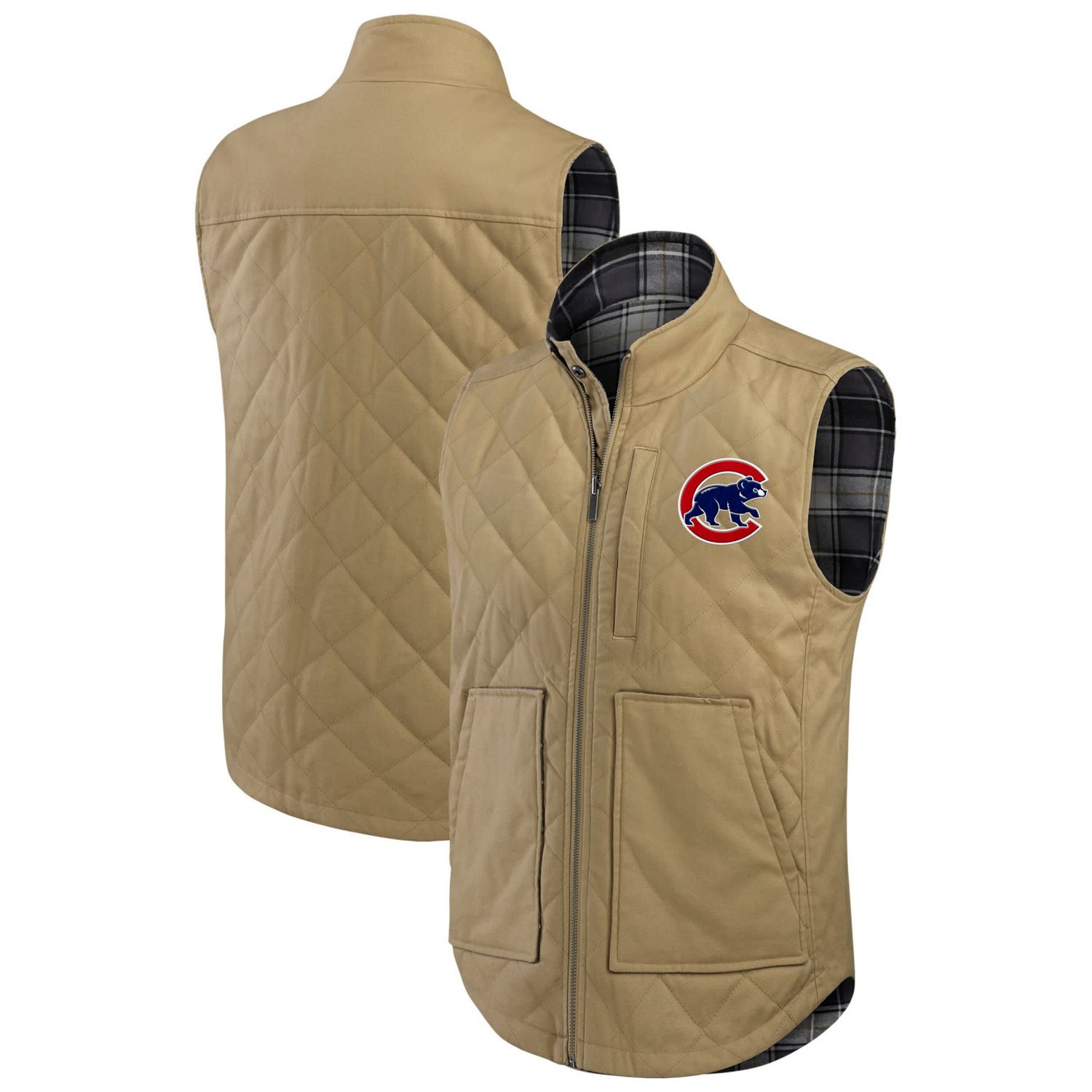 Darius Rucker Collection by Fanatics Charcoal Chicago Cubs Reversible Canvas  Plaid Patch Full-Zip Vest