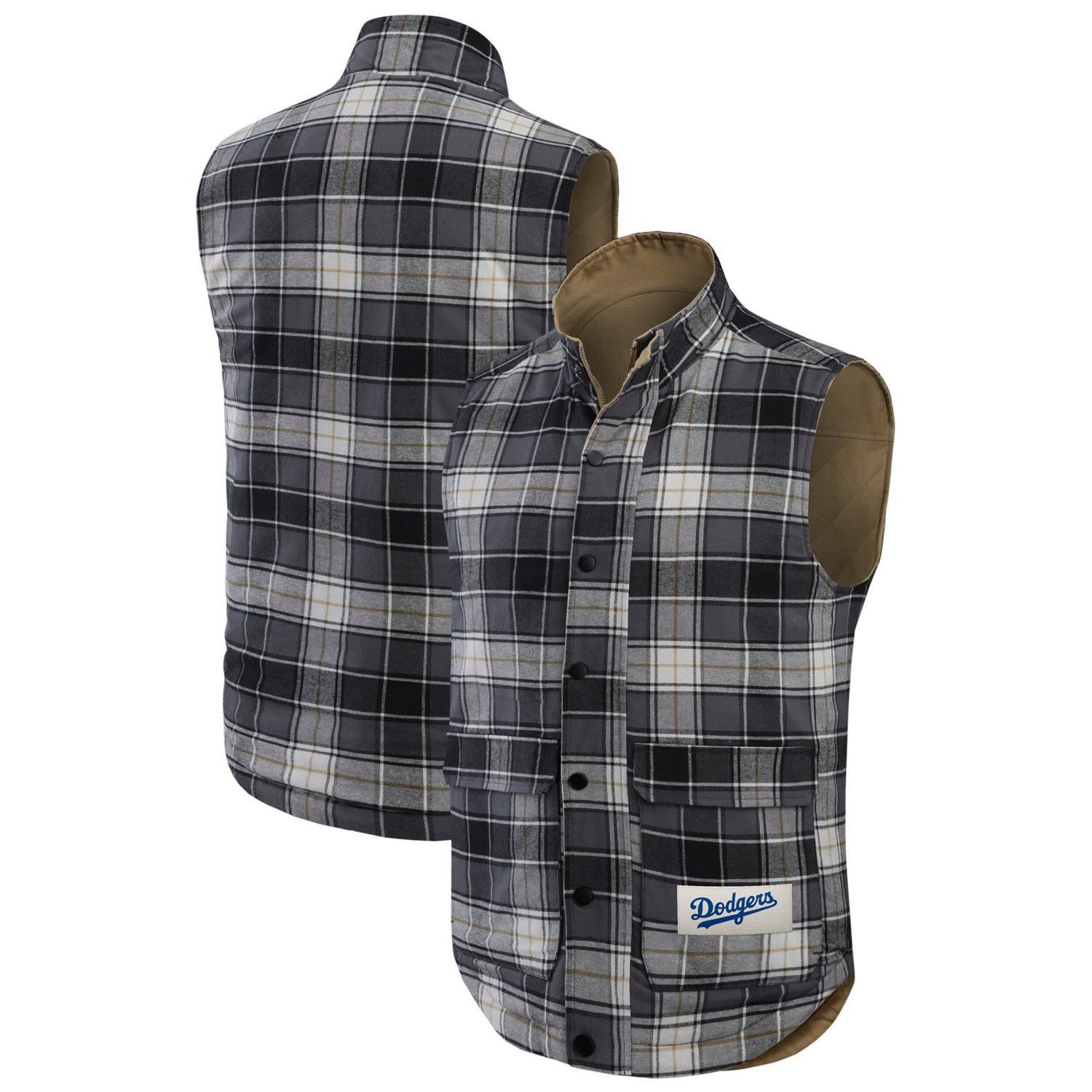 Darius Rucker Collection by Fanatics /Charcoal Los Angeles Dodgers Reversible Canvas  Plaid Patch Full-Zip Vest - view number 3
