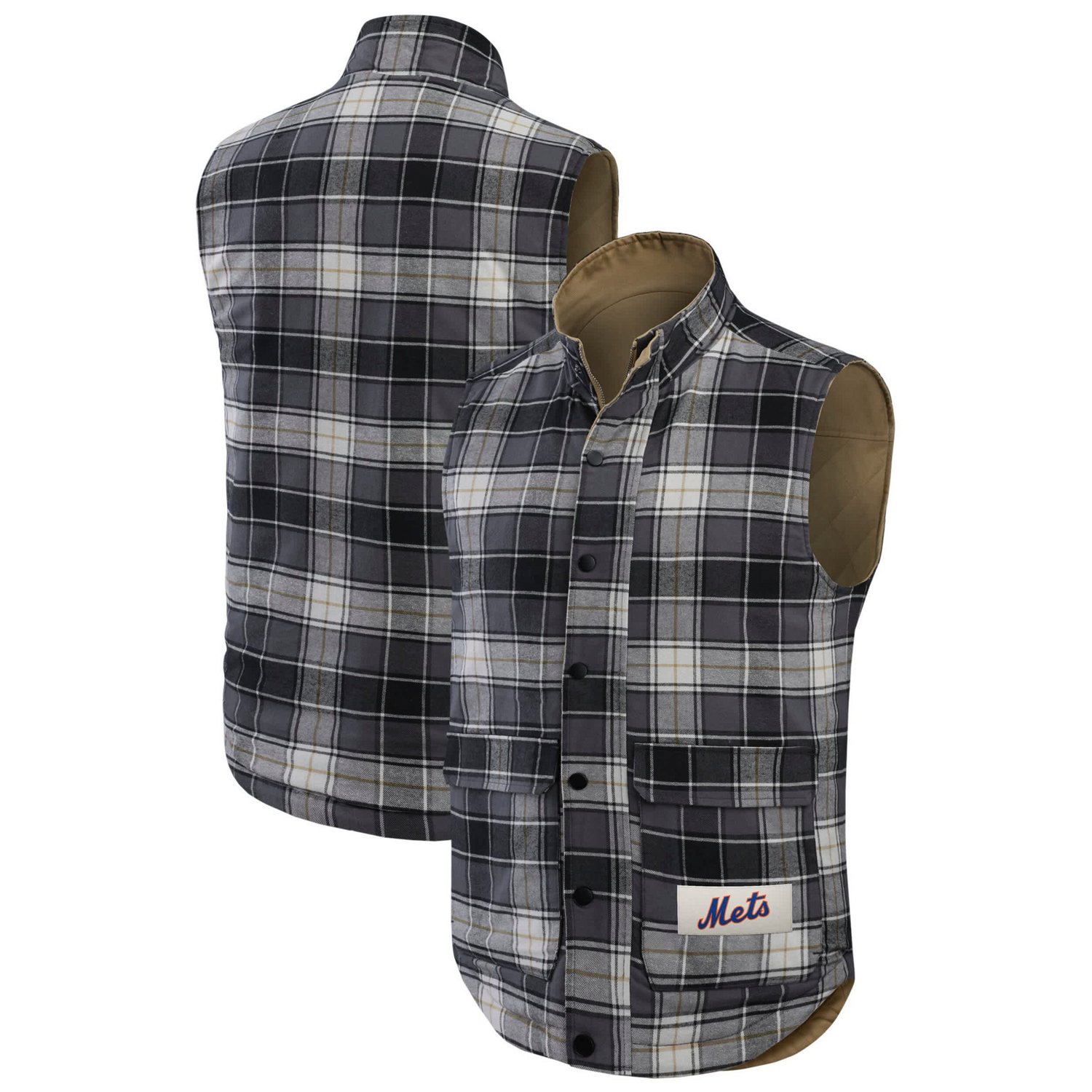 Darius Rucker Collection by Fanatics Charcoal New York Mets Reversible Canvas  Plaid Patch Full-Zip Vest - view number 3