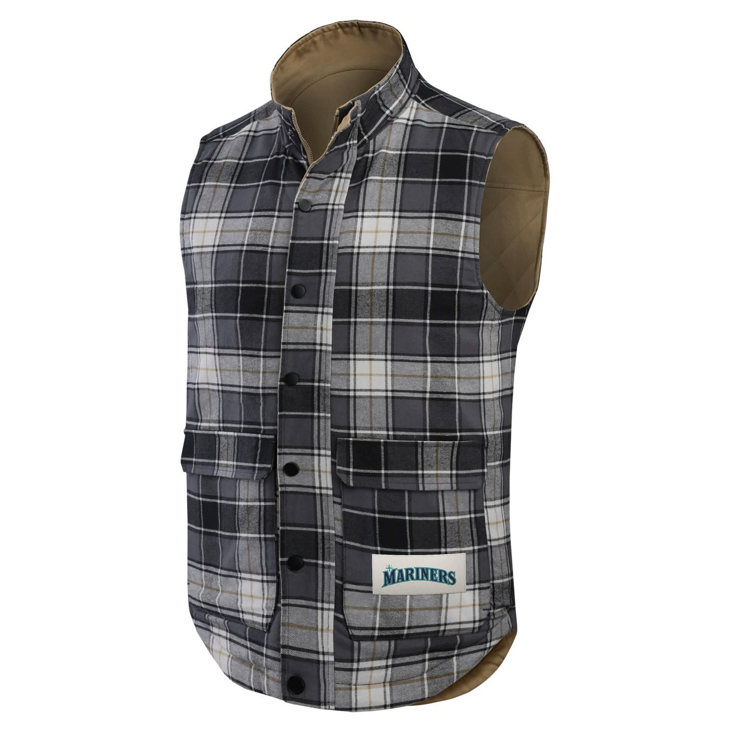 Darius Rucker Collection by Fanatics Charcoal Seattle Mariners Reversible Canvas  Plaid Patch Full-Zip Vest - view number 4