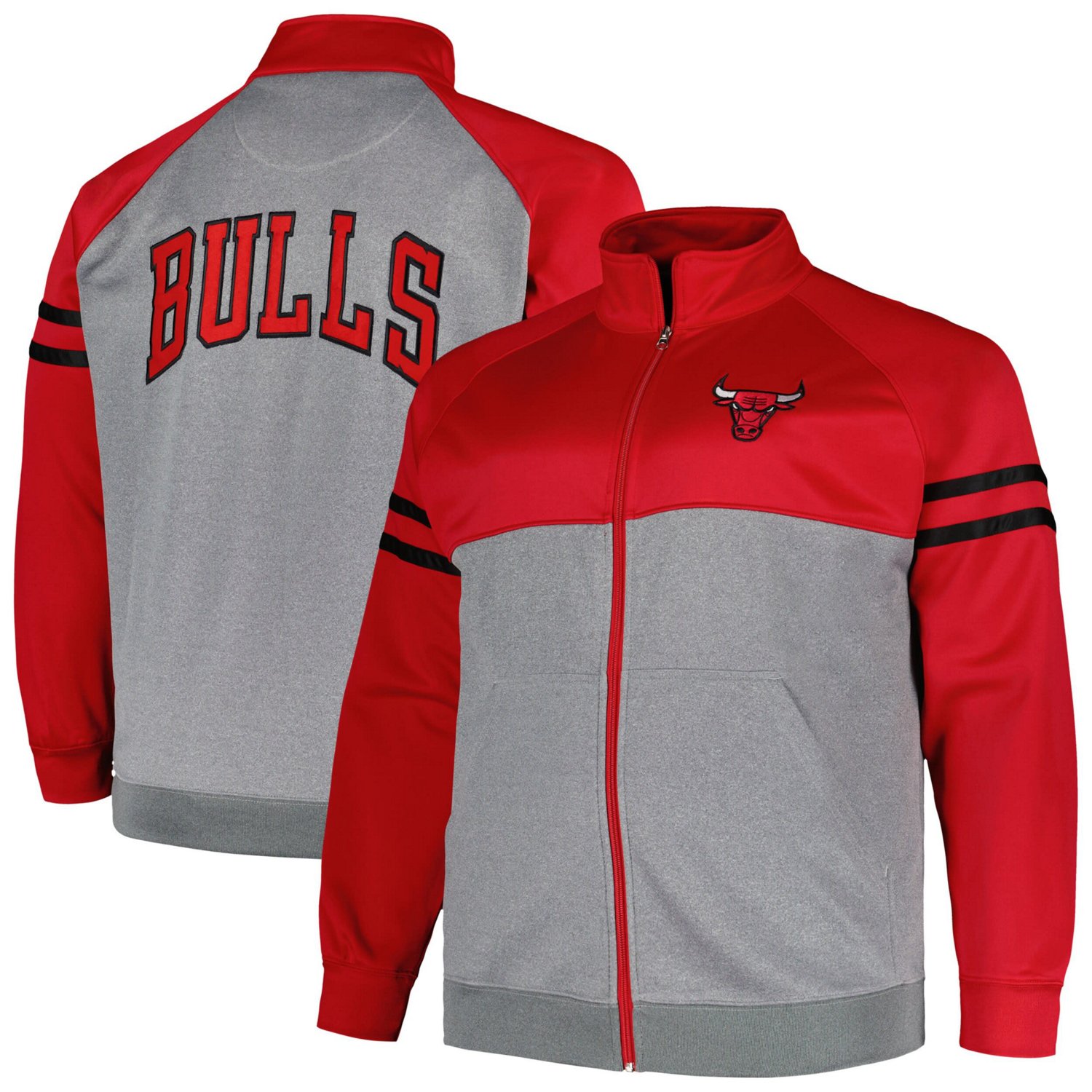 Fanatics /Heather Gray Chicago Bulls Big  Tall Pieced Stripe Raglan Full-Zip Track Jacket                                        - view number 1