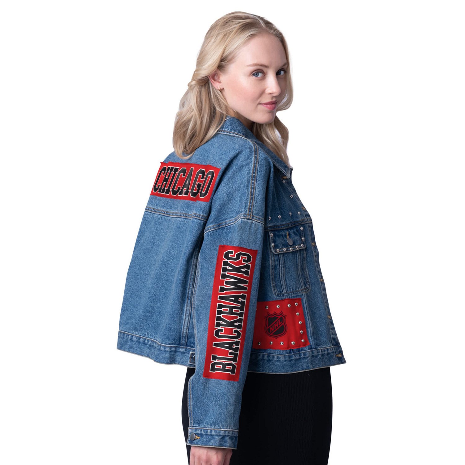 G-III 4Her by Carl Banks Chicago Blackhawks Game Ball Cropped Button-Up Jacket                                                   - view number 2