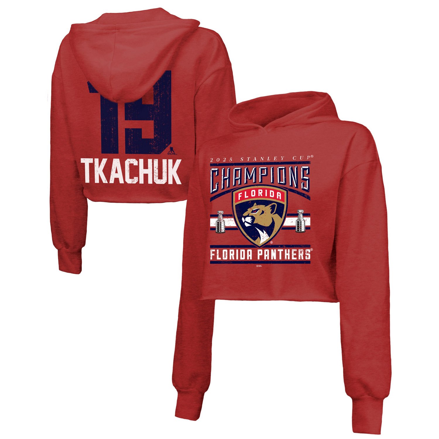 Majestic Threads Matthew Tkachuk Florida Panthers 2025 Stanley Cup Champions Name  Number Cropped Tri-Blend Pullover Hoodie