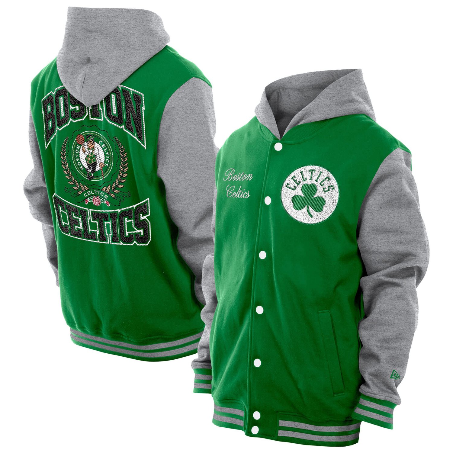 New Era Men's Boston Celtics Throwback Prep Chenille Full-Snap Hooded Varsity Jacket