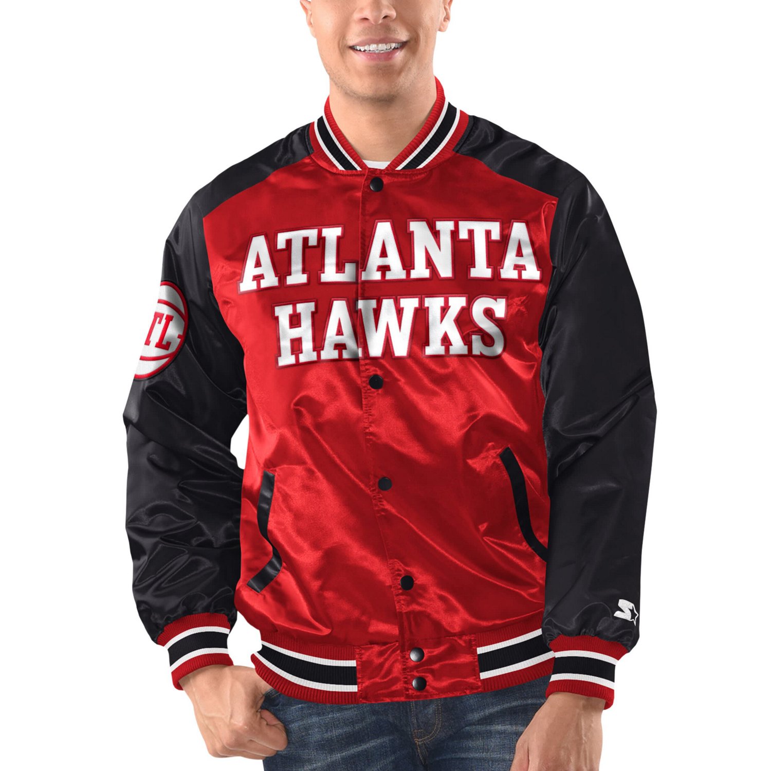 Starter Black Atlanta Hawks Renegade Satin Full-Snap Varsity Jacket