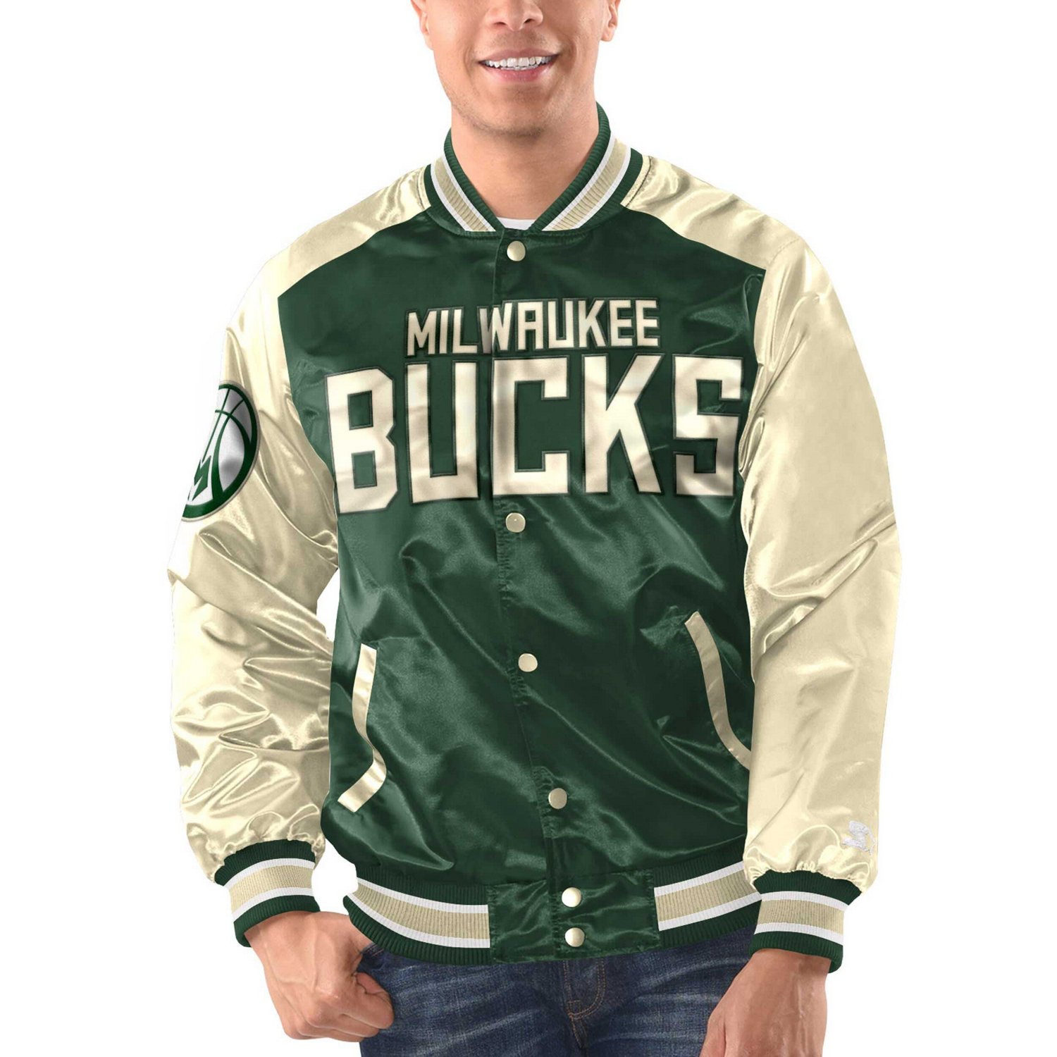Starter Hunter Milwaukee Bucks Renegade Satin Full-Snap Varsity Jacket