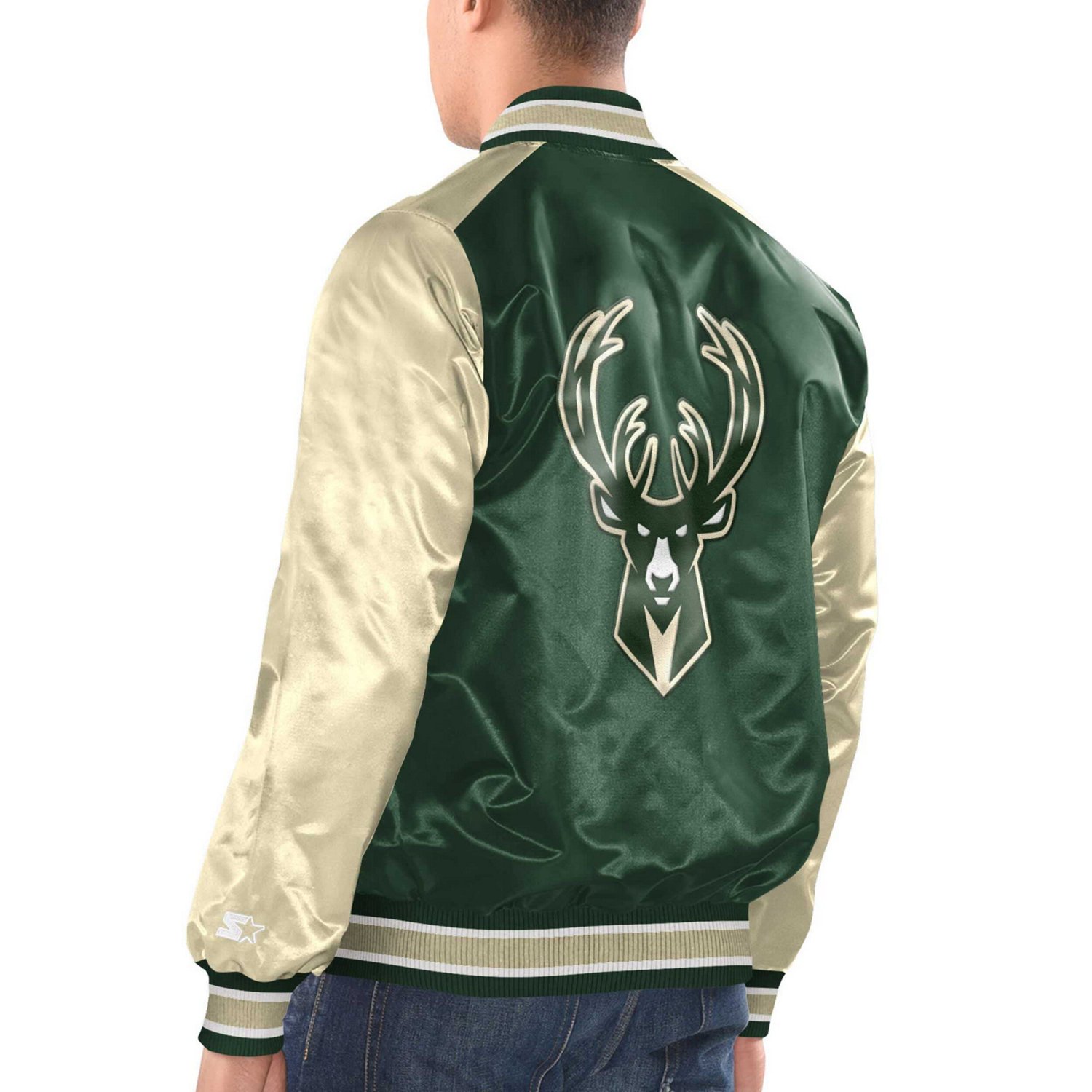 Starter Hunter Cream Milwaukee Bucks Renegade Satin Full-Snap Varsity Jacket - view number 2