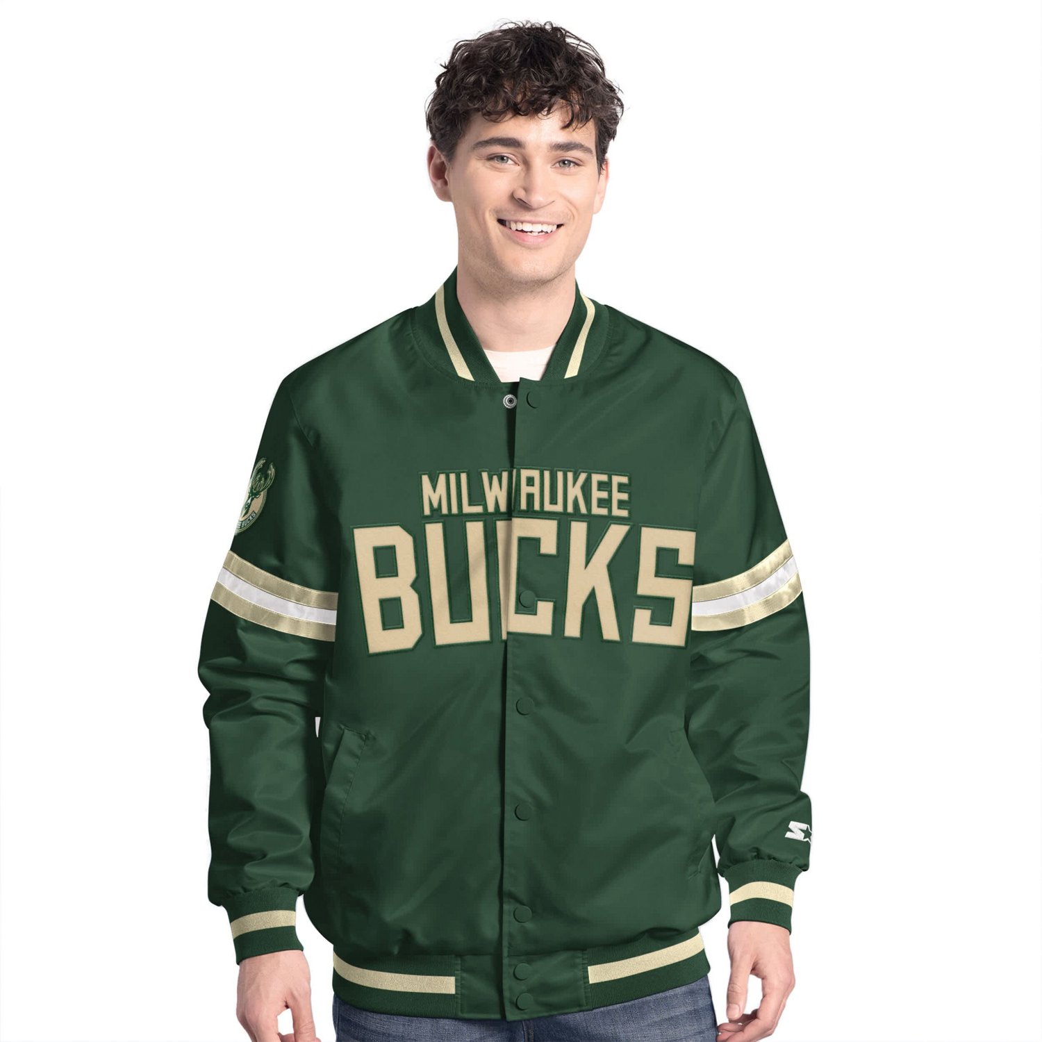 Starter Hunter Cream Milwaukee Bucks Scout Full Snap Varsity Jacket