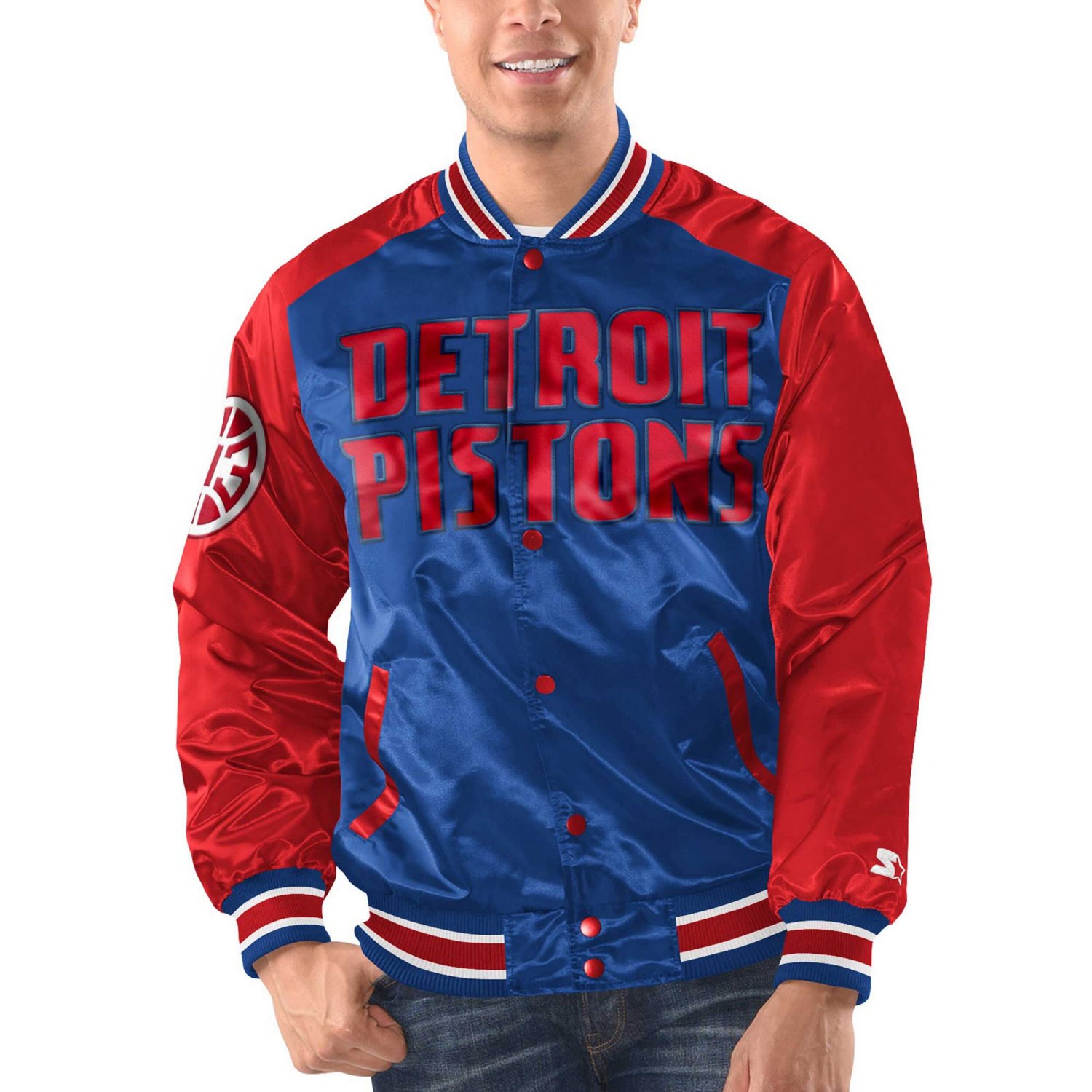 Starter Men’s Detroit Pistons Renegade Satin Full-Snap Varsity Jacket - view number 1