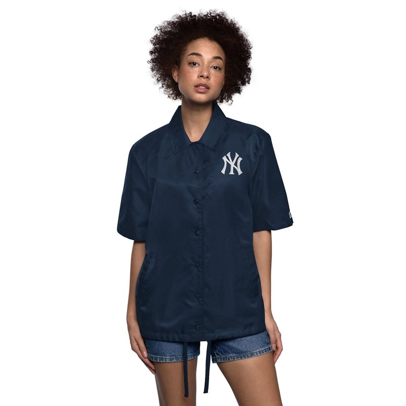 Starter Women's Navy New York Yankees High Post Short Sleeve Full-Snap Coaches Jacket - Navy