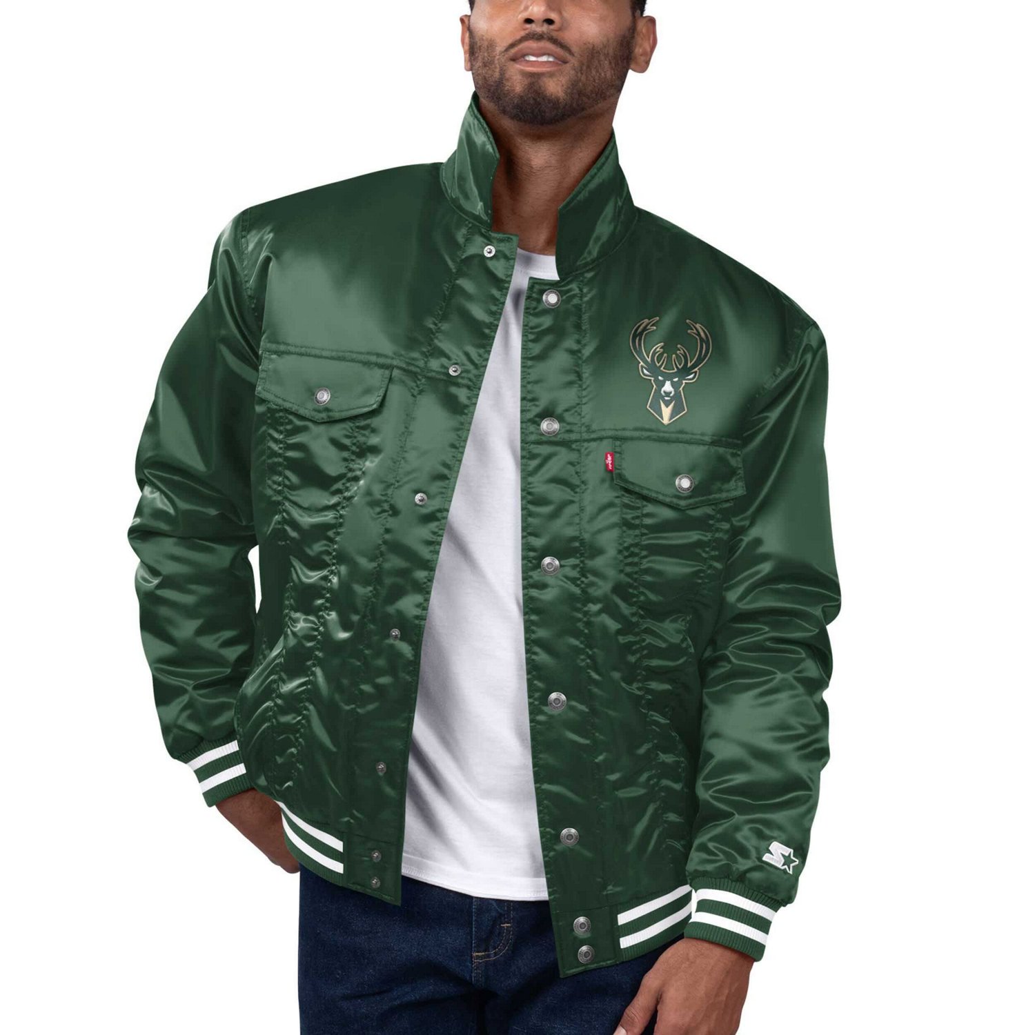 Starter x Levi's Hunter Milwaukee Bucks Silver Label Trucker Satin Full-Snap Jacket