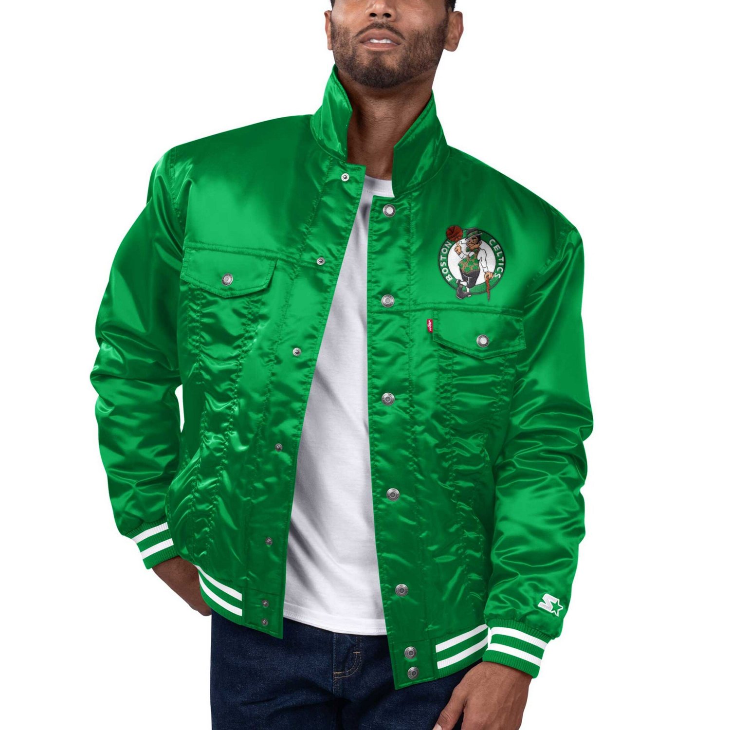 Starter x Levi's Kelly Boston Celtics Silver Label Trucker Satin Full-Snap Jacket