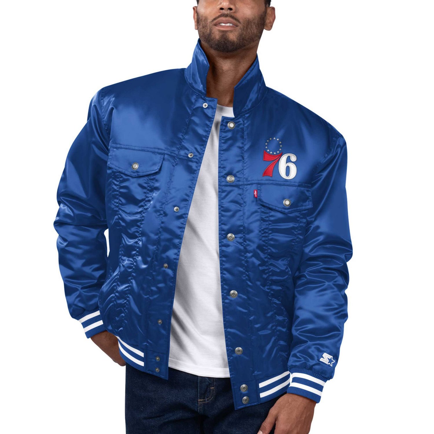 Starter x Levi's Men’s Philadelphia 76ers Silver Label Trucker Satin Full-Snap Jacket