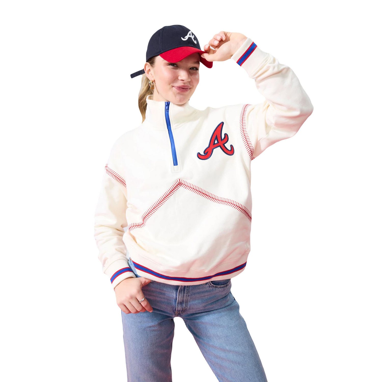 Terez Atlanta Braves Sugar Swizzle Baseball Stitch Quarter-Zip Sweatshirt