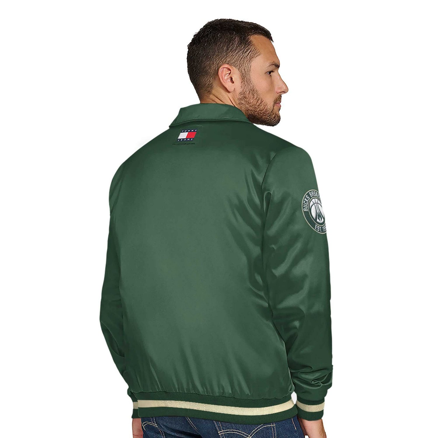 Tommy Jeans Hunter Milwaukee Bucks Jacob Chain Stitch Applique Full-Snap Varsity Jacket - view number 3