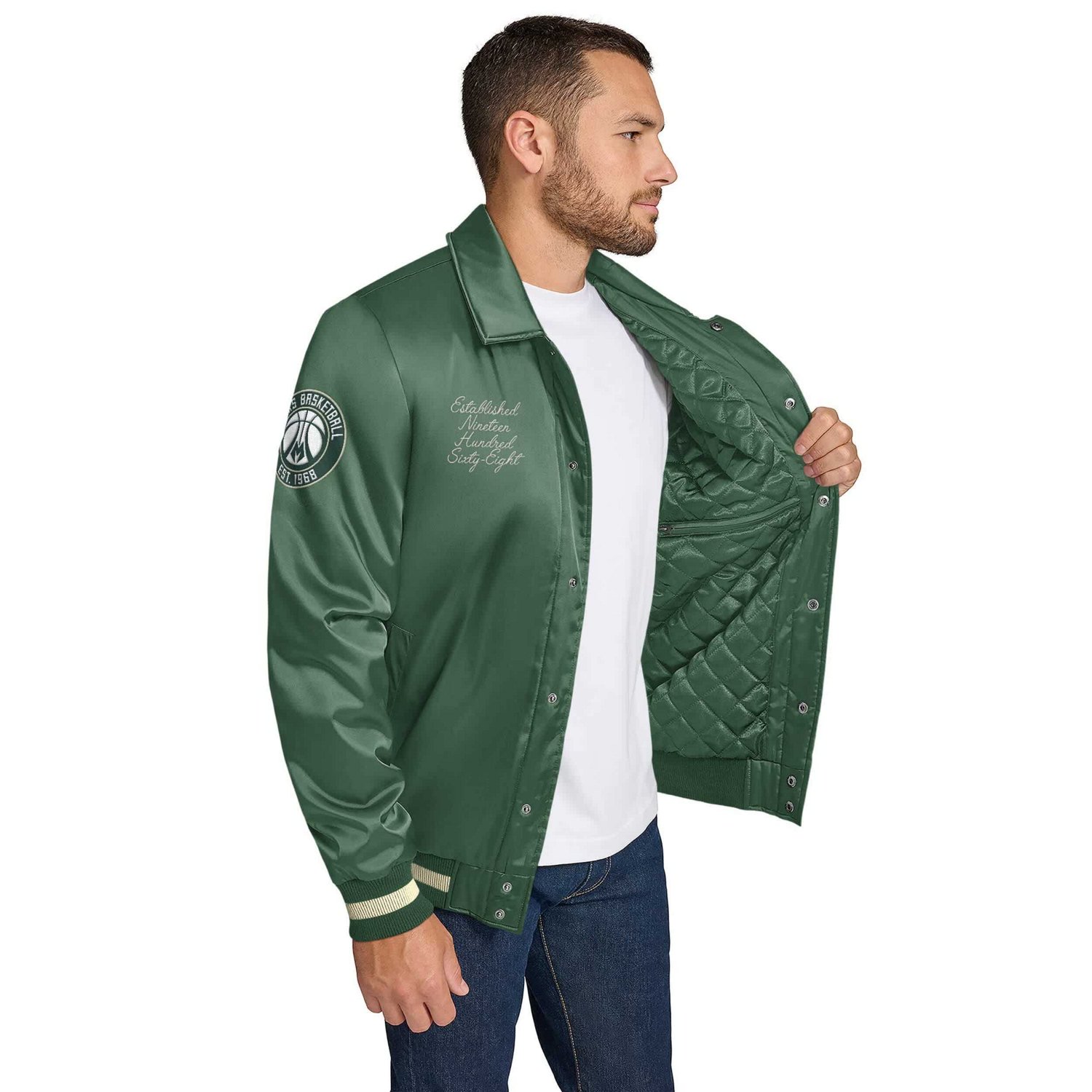 Tommy Jeans Hunter Milwaukee Bucks Jacob Chain Stitch Applique Full-Snap Varsity Jacket