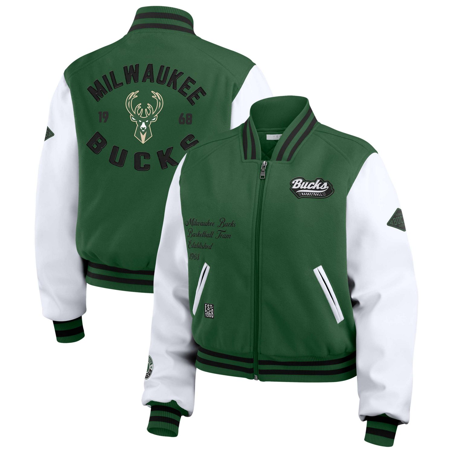 WEAR by Erin Andrews Hunter White Milwaukee Bucks Cropped Varsity Full-Zip Jacket