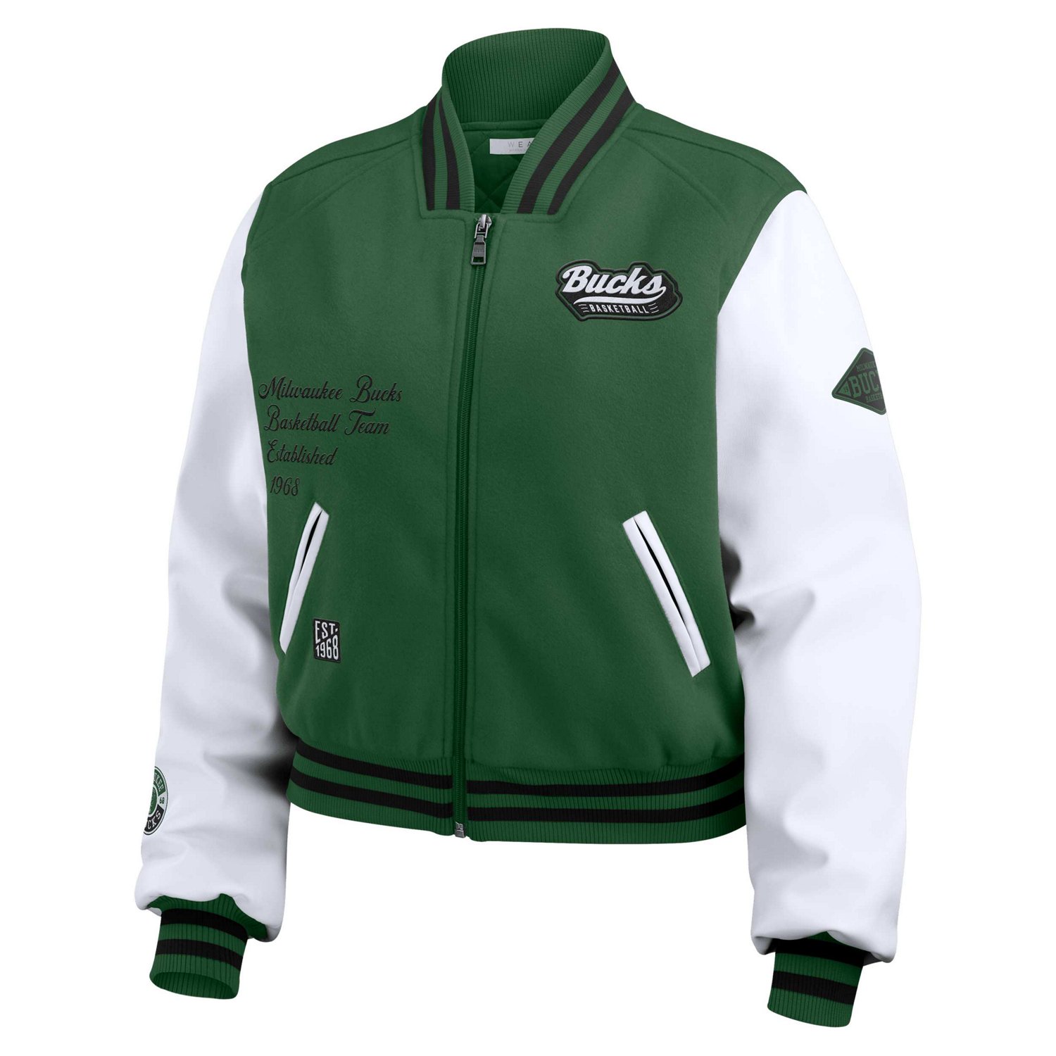WEAR by Erin Andrews Hunter White Milwaukee Bucks Cropped Varsity Full-Zip Jacket