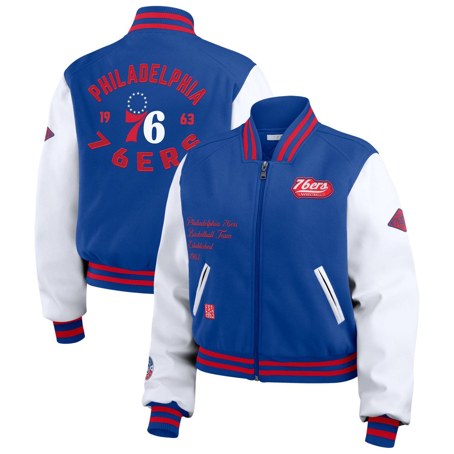 WEAR by Erin Andrews White Philadelphia 76ers Cropped Varsity Full-Zip Jacket