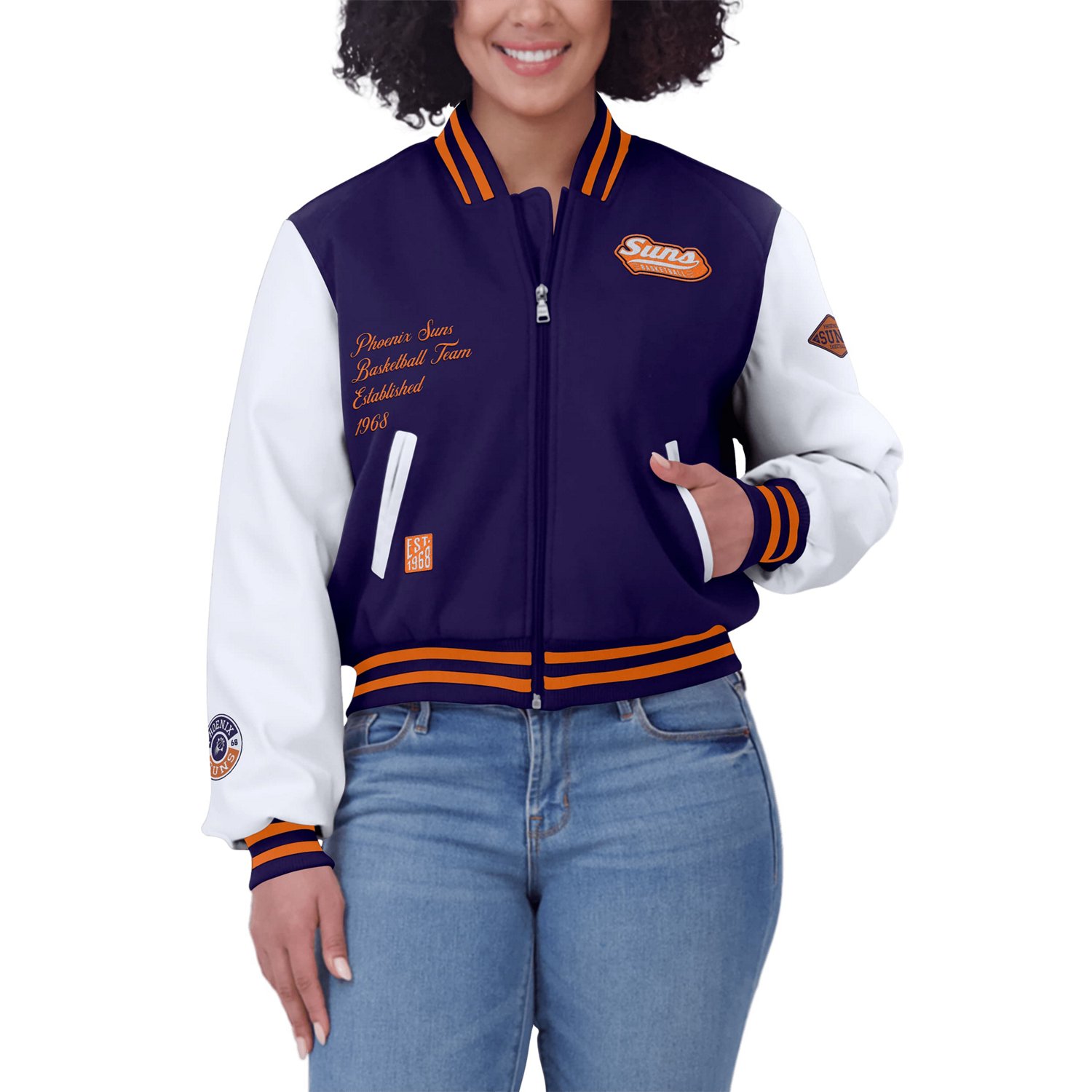 WEAR by Erin Andrews White Phoenix Suns Cropped Varsity Full-Zip Jacket