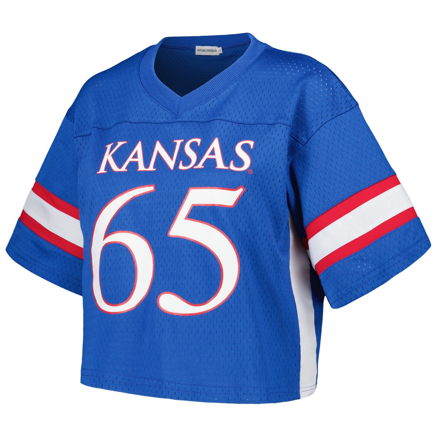 Established  Co 65 Kansas Jayhawks Fashion Boxy Cropped Football Jersey                                                          - view number 2