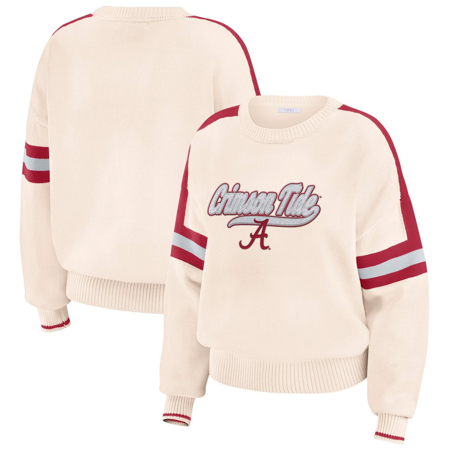 WEAR by Erin Andrews Alabama Crimson Tide Chenille Woven Patch Stripe Pullover Sweater