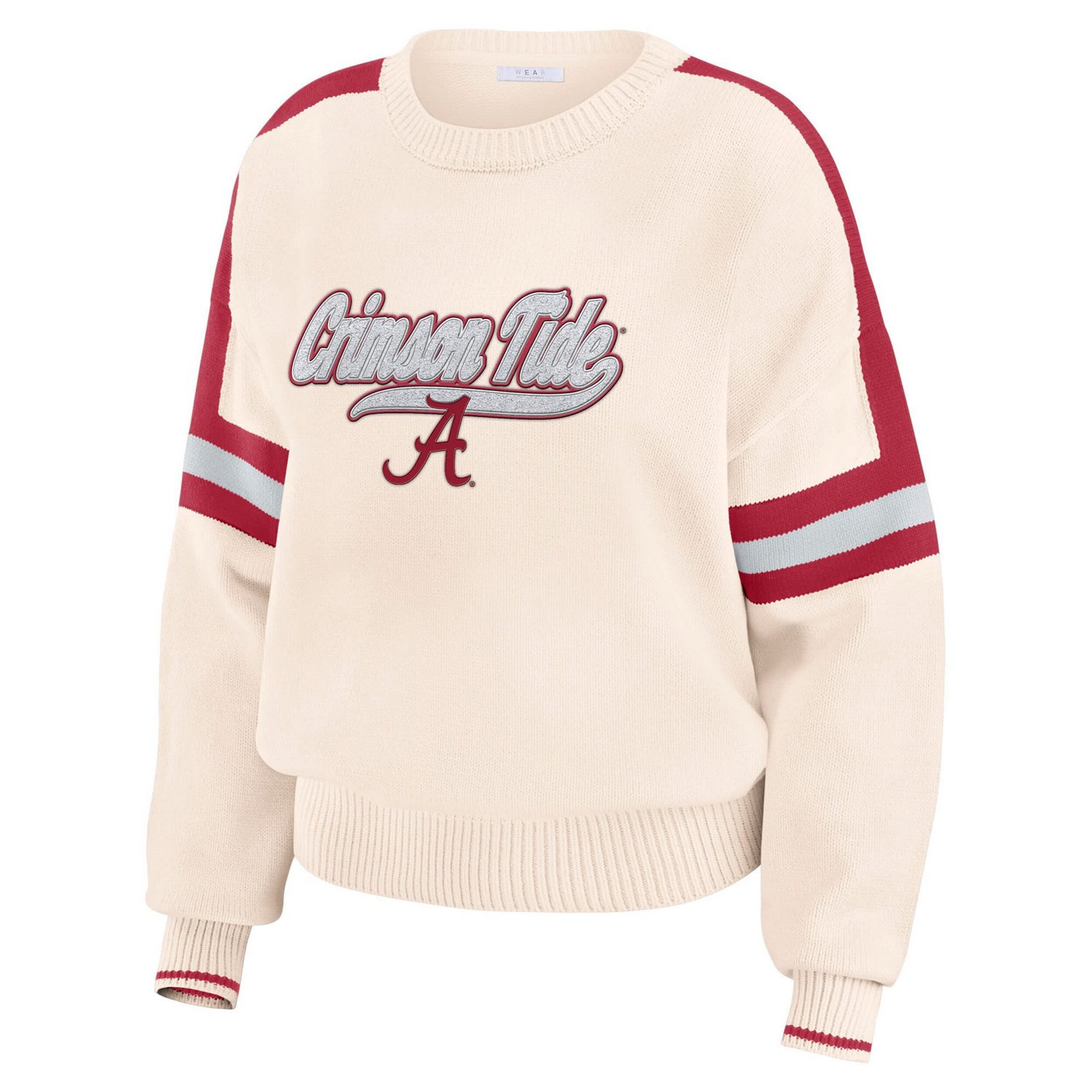 WEAR by Erin Andrews Alabama Crimson Tide Chenille Woven Patch Stripe Pullover Sweater