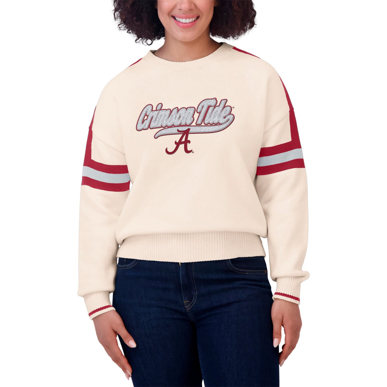 WEAR by Erin Andrews Alabama Crimson Tide Chenille Woven Patch Stripe Pullover Sweater