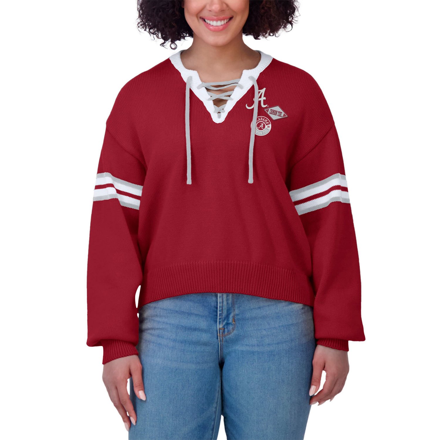 WEAR by Erin Andrews Alabama Tide Lace-Up Pullover Sweater