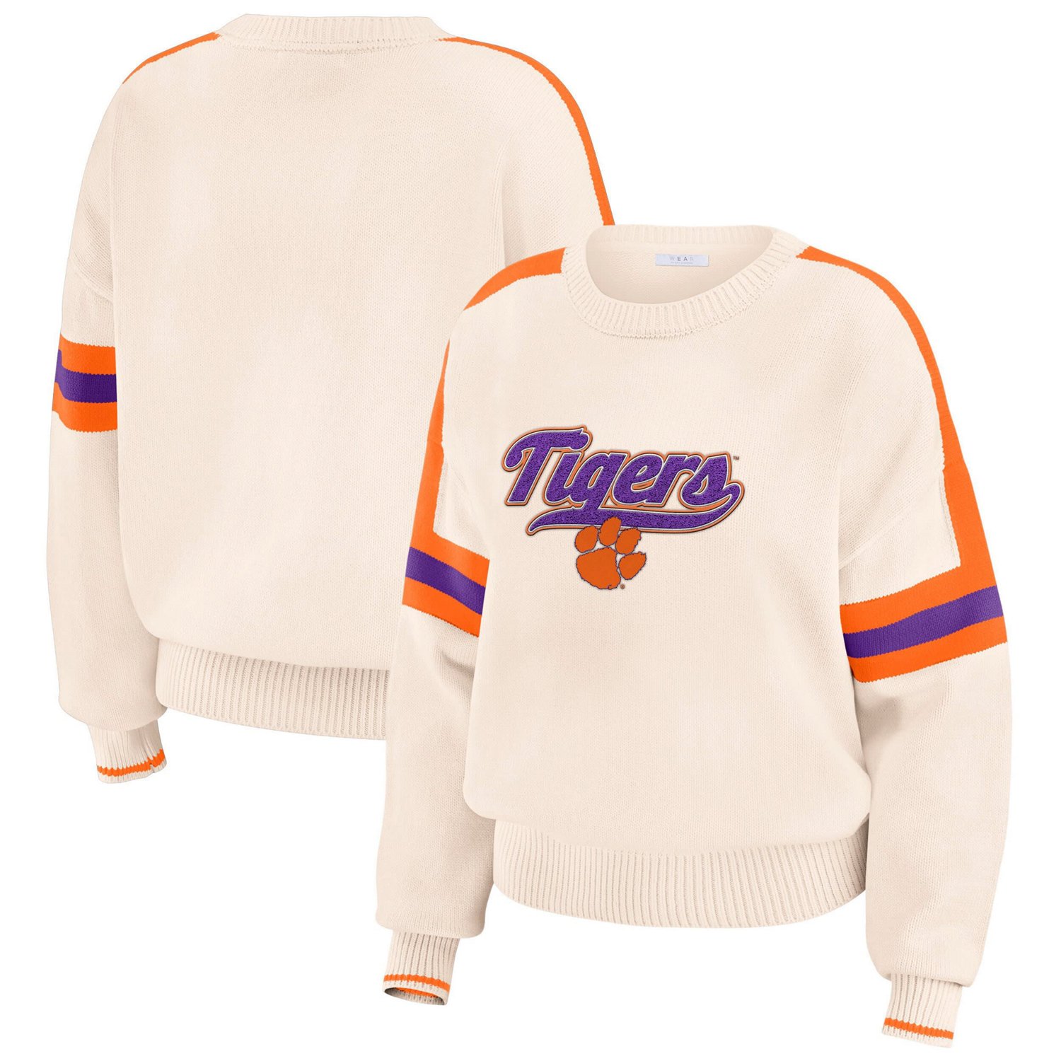 WEAR by Erin Andrews Clemson Tigers Chenille Woven Patch Stripe Pullover Sweater