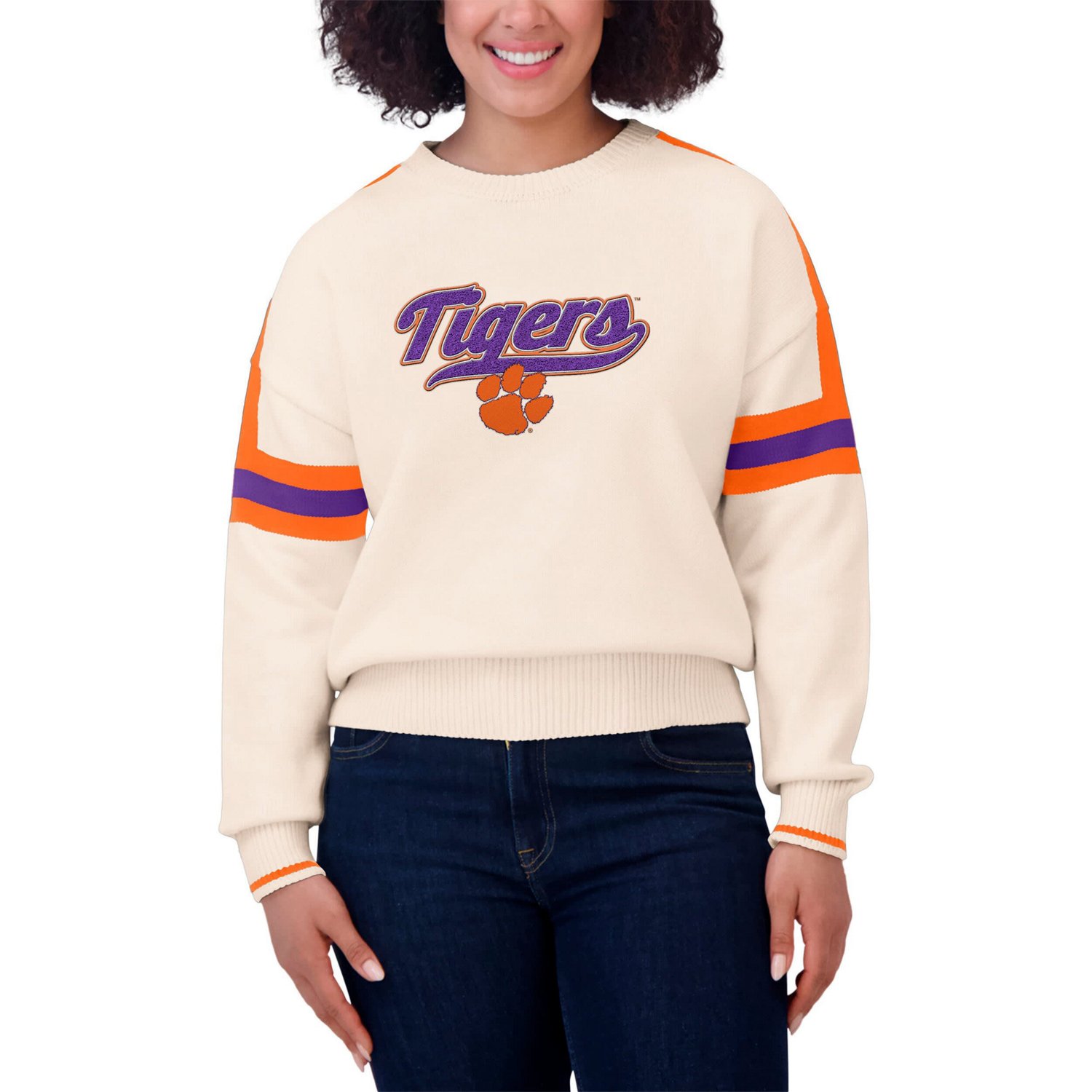 WEAR by Erin Andrews Clemson Tigers Chenille Woven Patch Stripe Pullover Sweater - view number 4