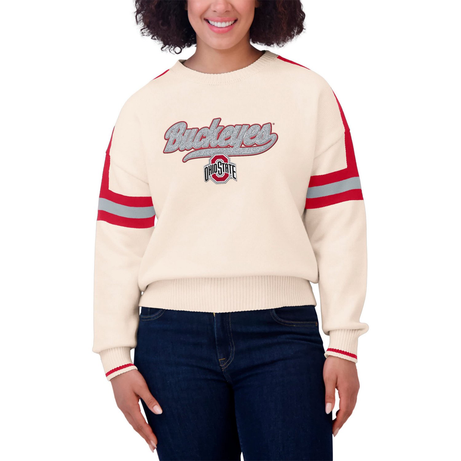 WEAR by Erin Andrews Ohio State Buckeyes Chenille Woven Patch Stripe Pullover Sweater