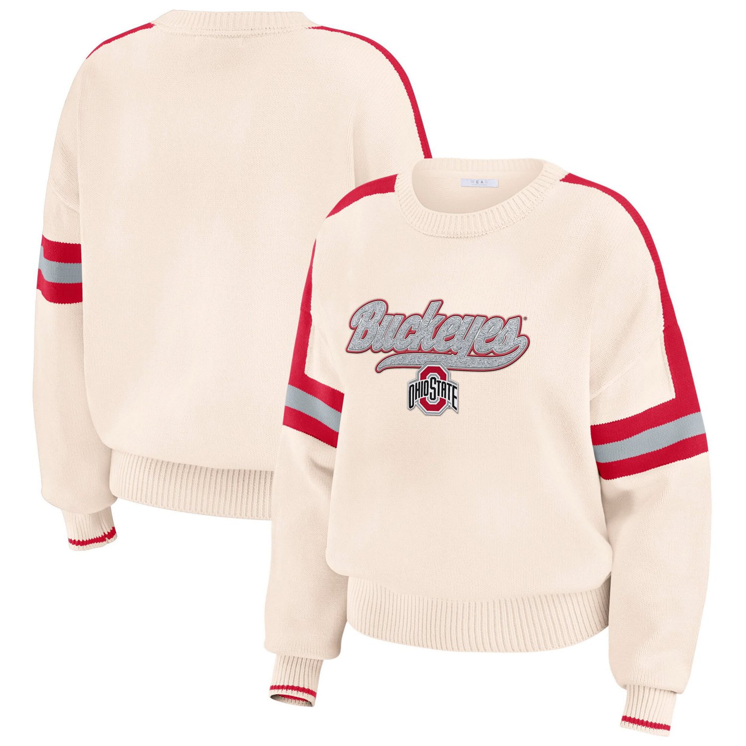 WEAR by Erin Andrews Ohio State Buckeyes Chenille Woven Patch Stripe Pullover Sweater